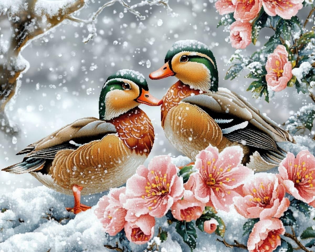 AxiangziK 16x20in Stamped Cross Stitch Kits for Beginners,Ducks and Flowers in the Snow DIY Cross Stitch Patterns Kits for Adults,11 CT Arts Craft for Home Decor