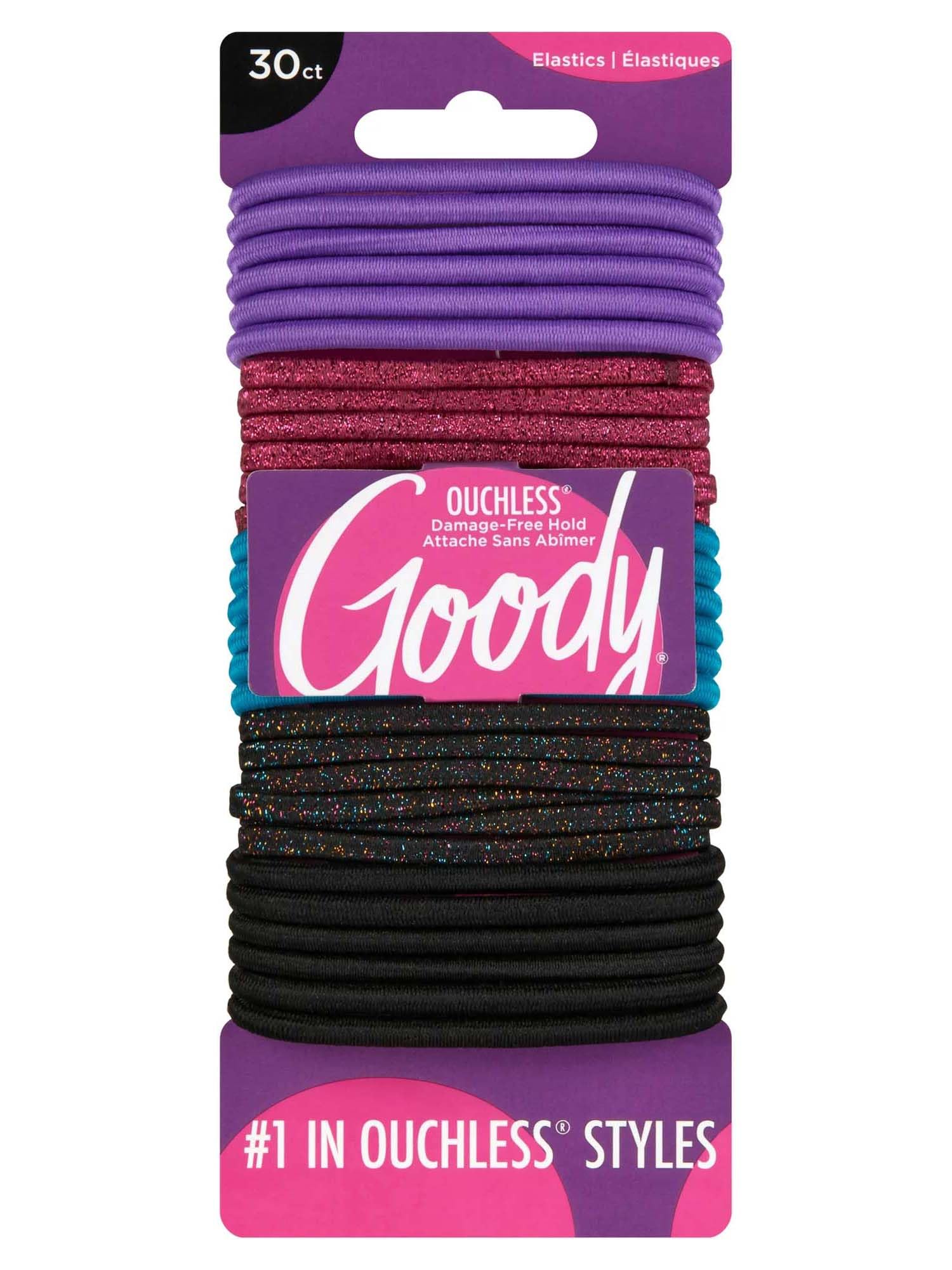 Goody Ouchless - Cintas elásticas para el cabello para mujer, 30 unidades, purpurina surtida/multicolor, 4 mm para cabello mediano, trenzas de larga duración, colas de caballo y más, accesorios para