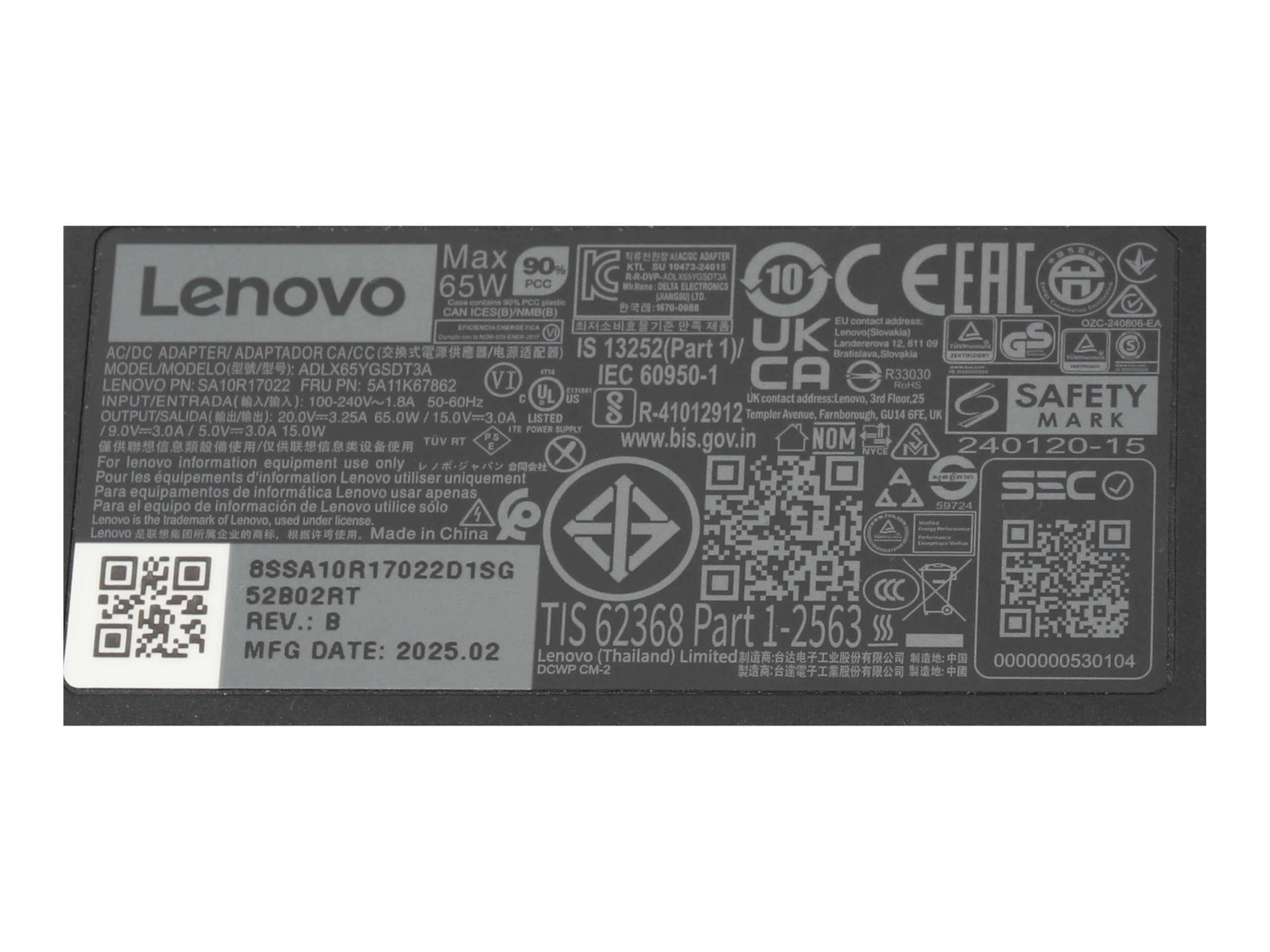 Lenovo 5A11K67866 Original GAN-Cargador USB-C 65 vatios
