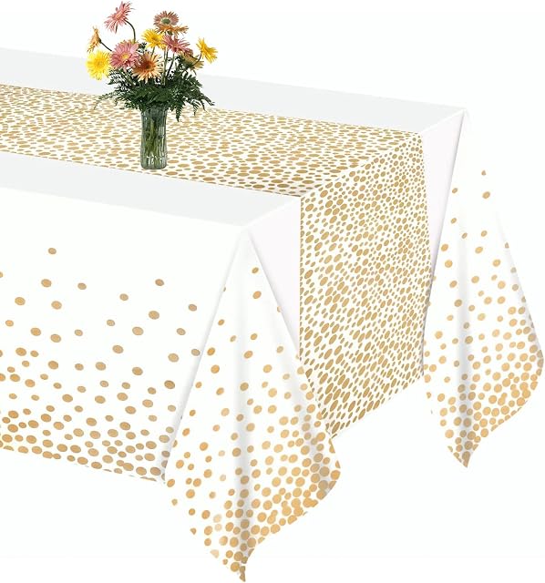 Dololoo White Gold Tablecloth 54x108 inch (137x274cm) Party Supplies, Rectangular Black Gold Table Cover for Baby Shower, Halloween, Christmas, Birthday, Wedding, Oktoberfest Decorations