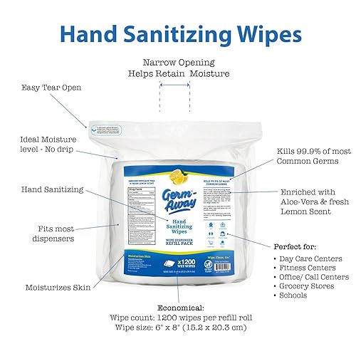 Miniatura 2 de Toallitas desinfectantes para manos, rollo de repuesto de 1200 CT para dispensadores, aloe vera hidratante (aroma a limón) (2400 toallitas por