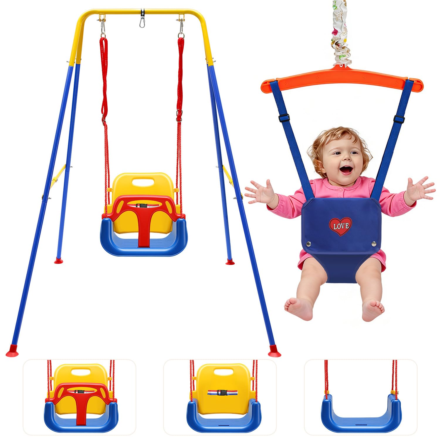 Balançoire pour bébé 4 en 1 avec armature - Balançoire pour enfant - Avec ceinture de sécurité - Pliable et 4 sacs de sable - Pour l'intérieur et l'extérieur - Facile à monter