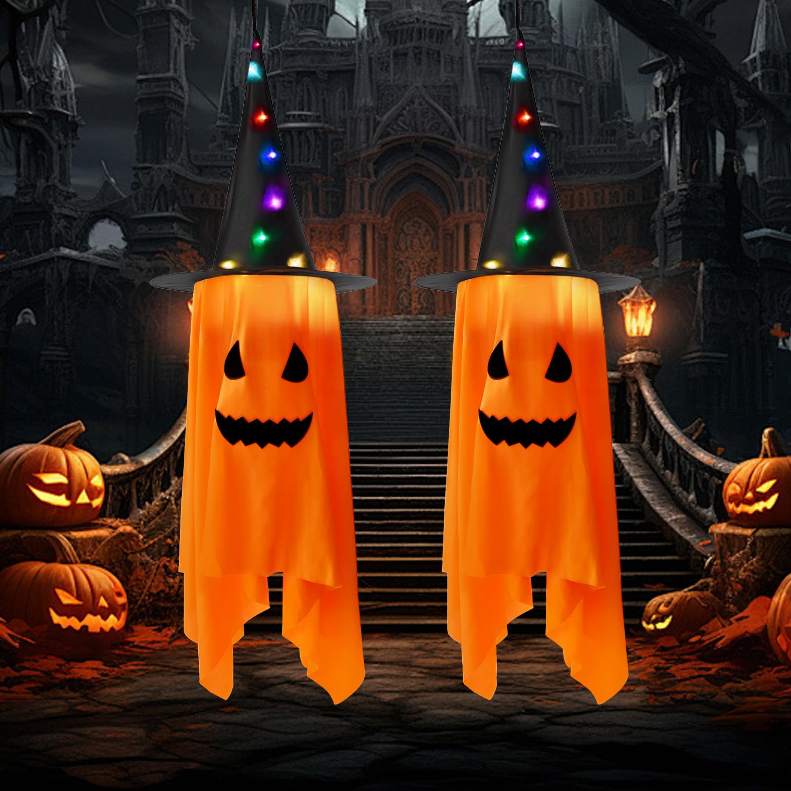 2 Pack Pumpkin Ghost Witch Hat Cute Halloween Hanging Ghost Light Up With 2m LED Lights Outdoor Indoor Decorations for Garden Tree Door Window Yard (Orange)