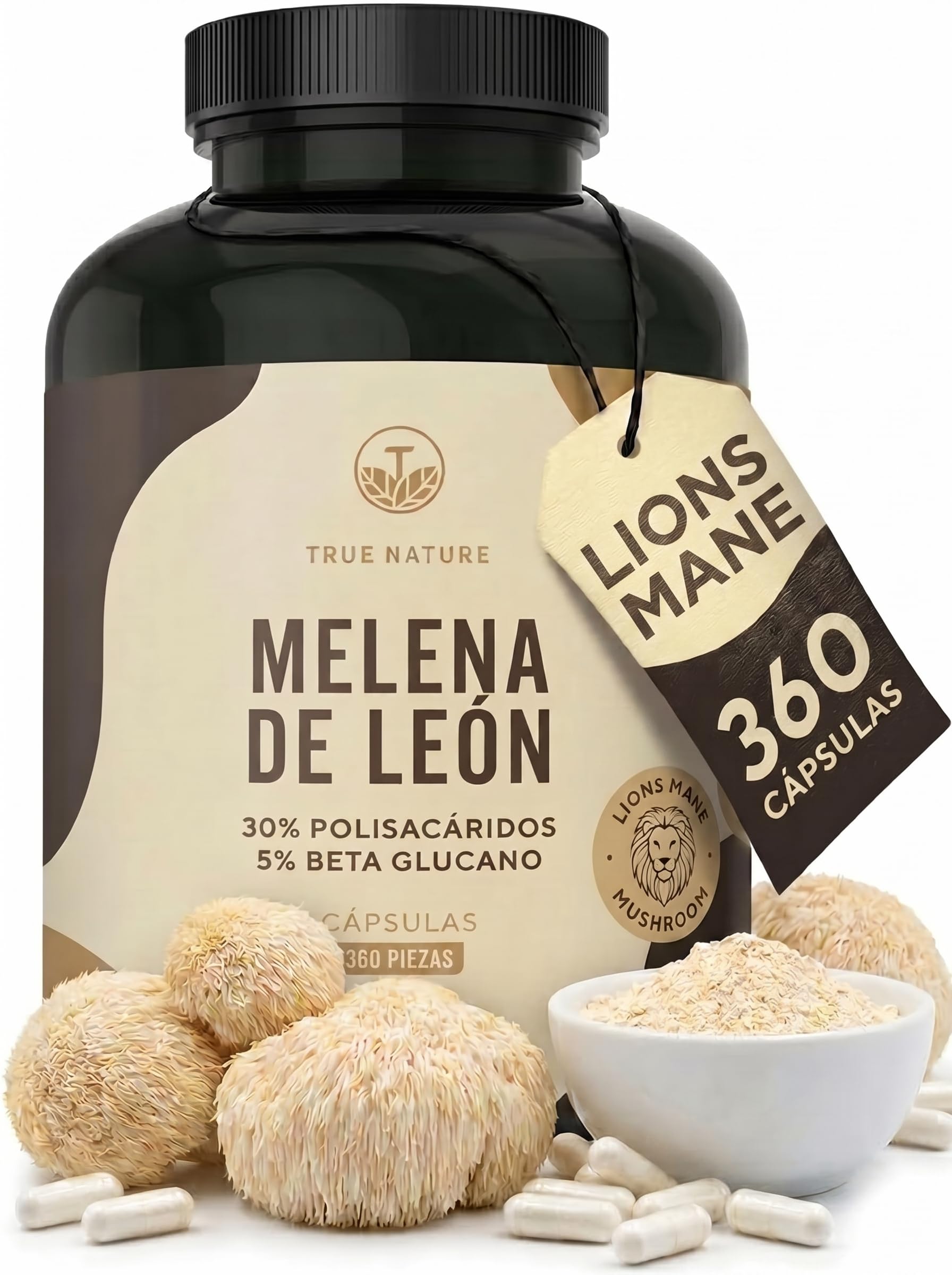 Melena de León 60.000mg (Extracto 30:1) - 360 cápsulas - Lions mane (Hericium Erinaceus) con 30% de polisacáridos y 5% de betaglucano - vegano – TRUE NATURE