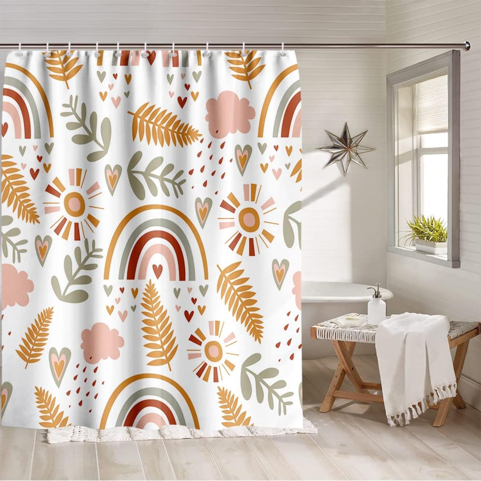 UIYIUI Boho Rainbow Shower Curtain for Kids 51x75in-130x190cm Mid Century Modern Shower Curtain Set, Cute Cartoon Sun Leaves Pattern Washable Fabric Bath Curtain for Shower Stall Bathtubs Decor
