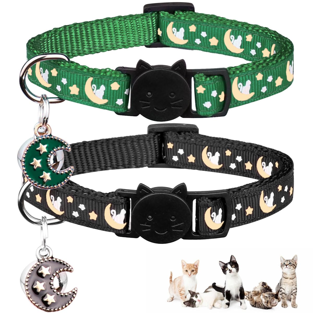 Baeuppit 2Pcs Breakaway Cats Collars Cat Collars for Boy & Girl Cats Adjustable Kitten Collars with Bell,Black+Emerald