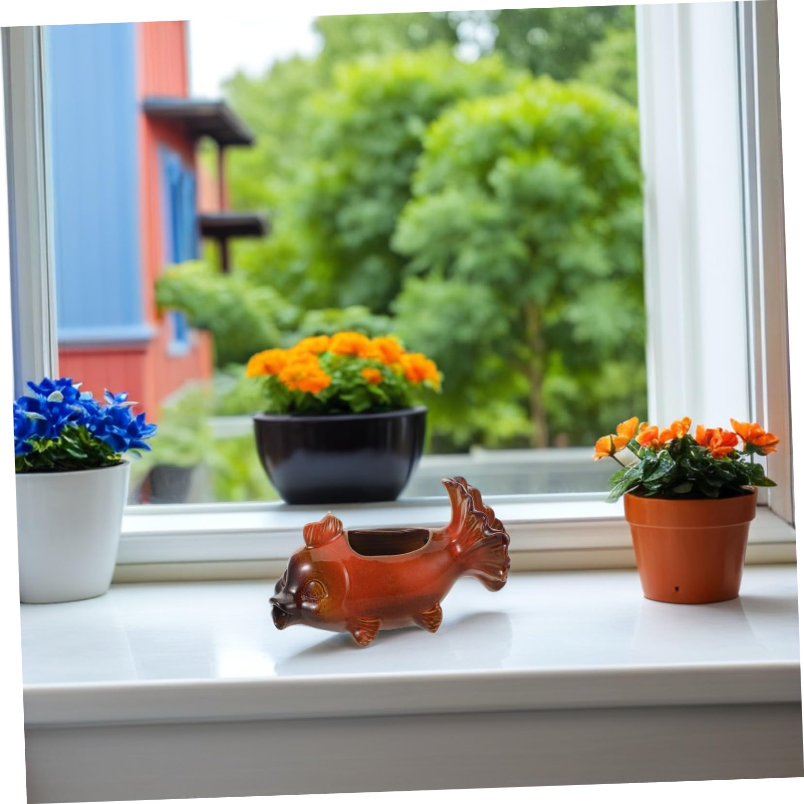 Keramik Koi Fisch Statue Gartenteich Wasserspeier mit Integrierter Filterfunktion Japanisches Design für Außenbereich Terrasse Dekor Natürliche Wasserkreislauf Skulptur ohne Pumpe