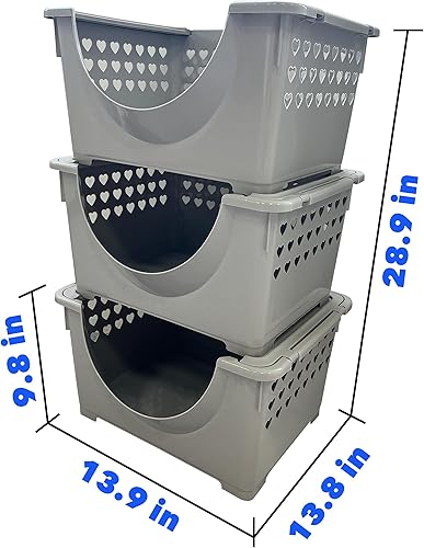 Miniatura 2 de Skywin Contenedores de almacenamiento apilables de plástico, color gris, paquete de 3 contenedores de almacenamiento frontales abiertos con diseño