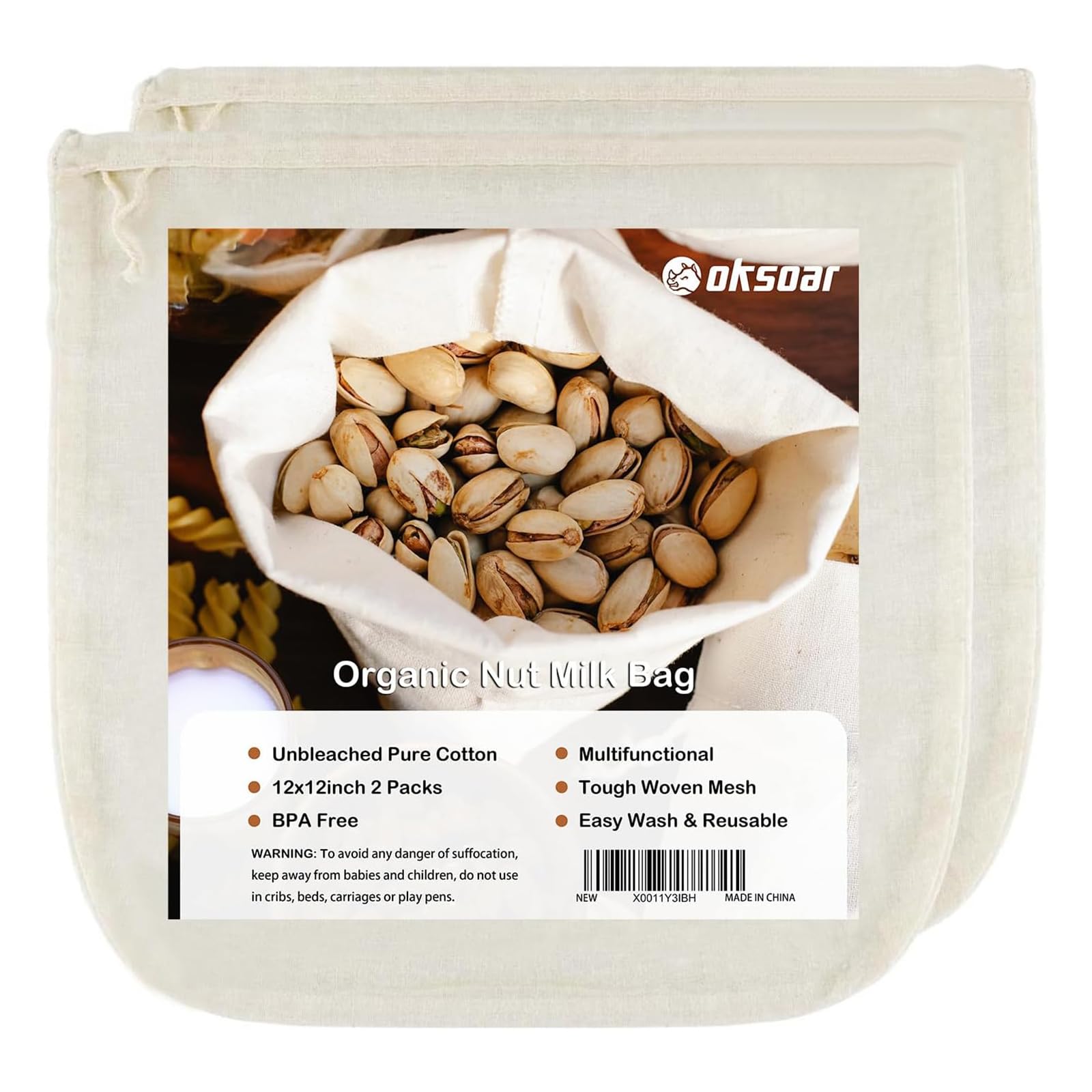 Nut Milk Bag for Straining Reusable (2 Pack) Organic Cheesecloth 100% Unbleached Natural Pure Cotton Nut Bag Strainer For Straining Milk, Celery Juice, Coffee, Yogurt and Cheese Making 12"x12"