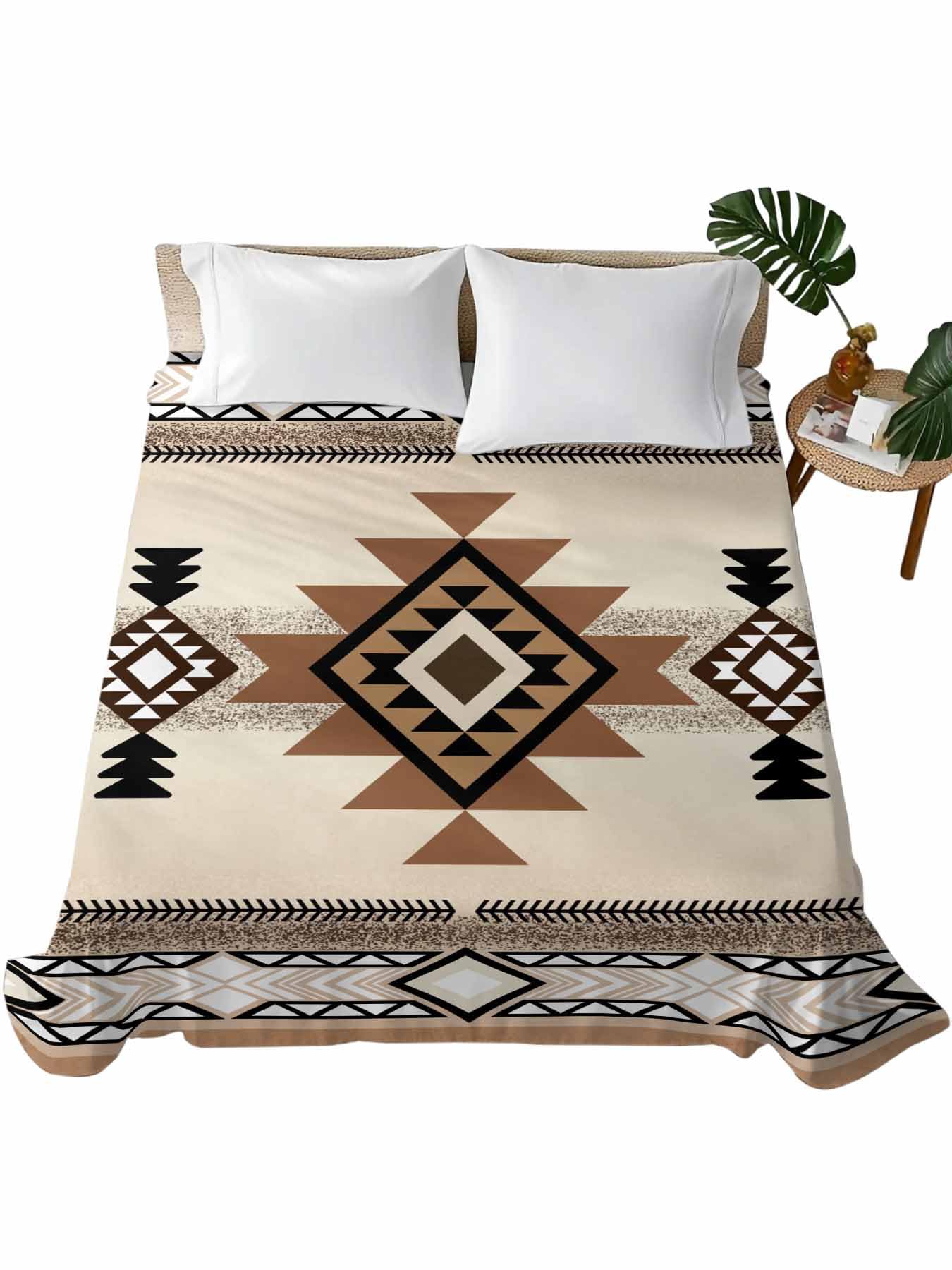 Southwest Flat Bed Sheet King Size for King Mattress, Microfiber Bedding Top Sheets Deep Pocket for All Seasons, Brown Bohemian Abstract American Aztec Soft & Breathable Hotel Quality