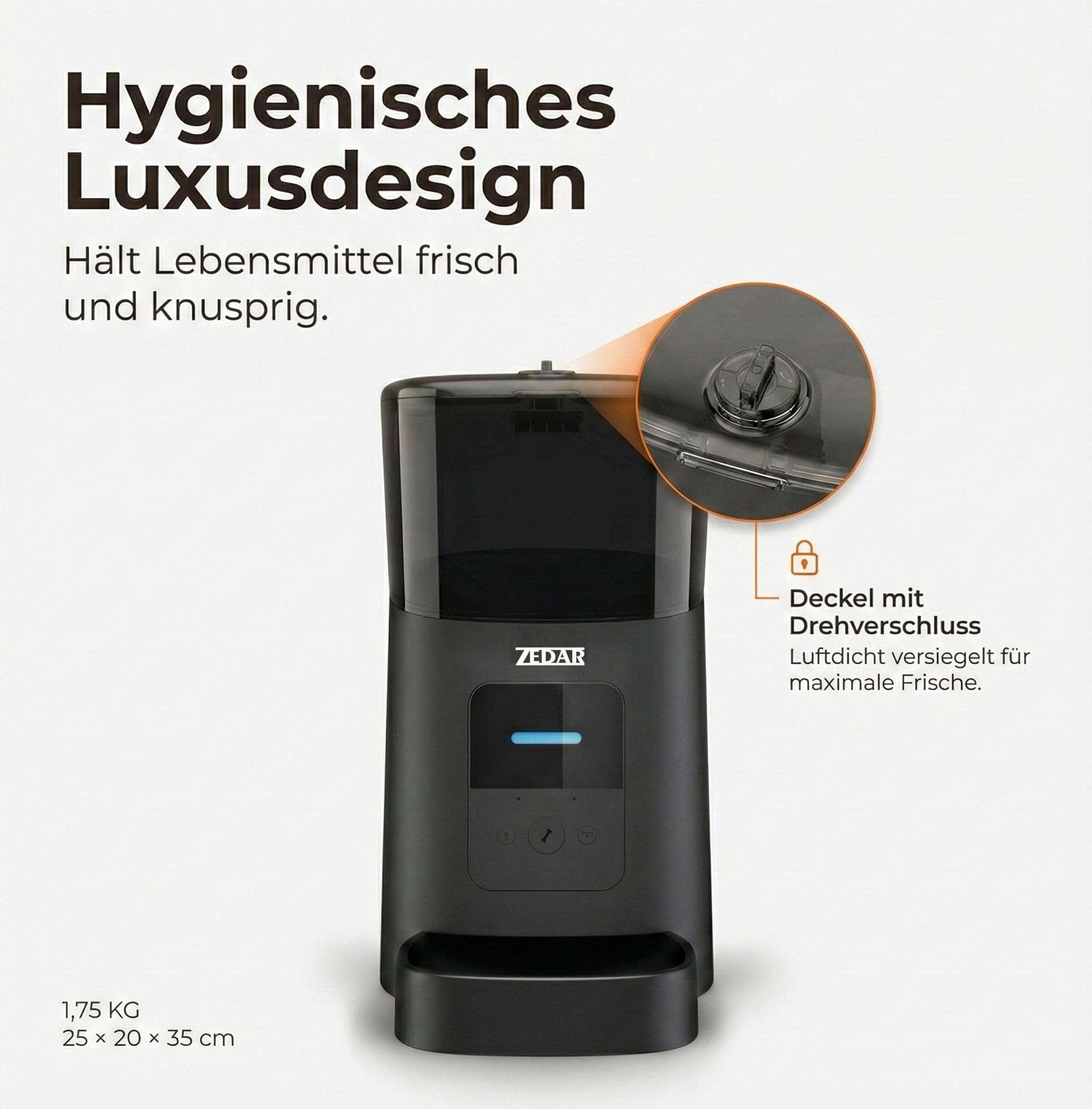 Futterautomat Katze - Edelstahl napf - 6 Liter - mit APP Steuerung - Automatischer Futterspender für Trockenfutter - Design für Katzen & Hunde - Schwarz - Zedar A600
