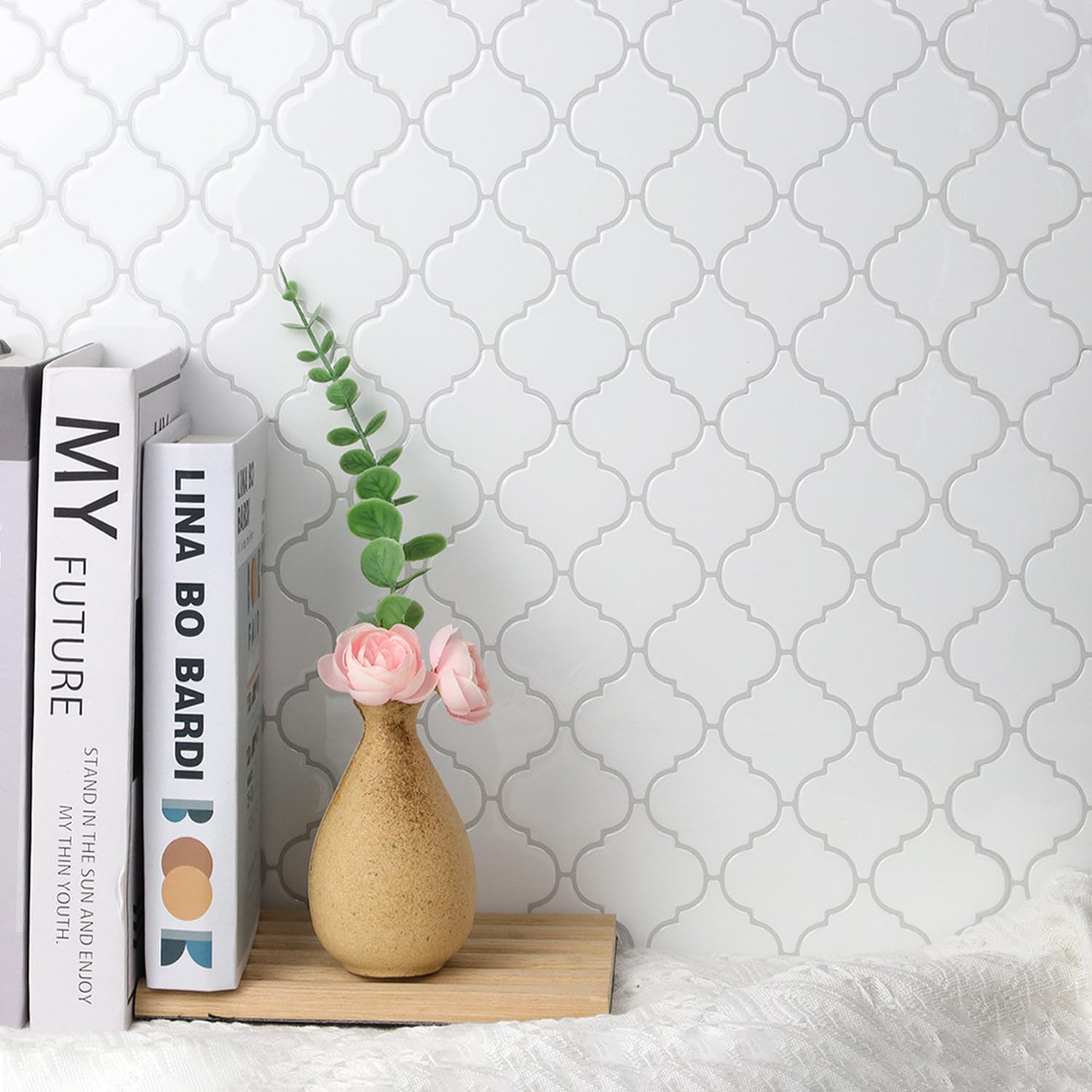 Arabesque Peel and Stick Tiles for Kitchen, Thickest Peel and Stick Wall Tiles, 10-Sheet 3D Self Adhesive Wall Tile Backsplash, White 12''×12'' Stick on Tile for Kitchen and Bathroom