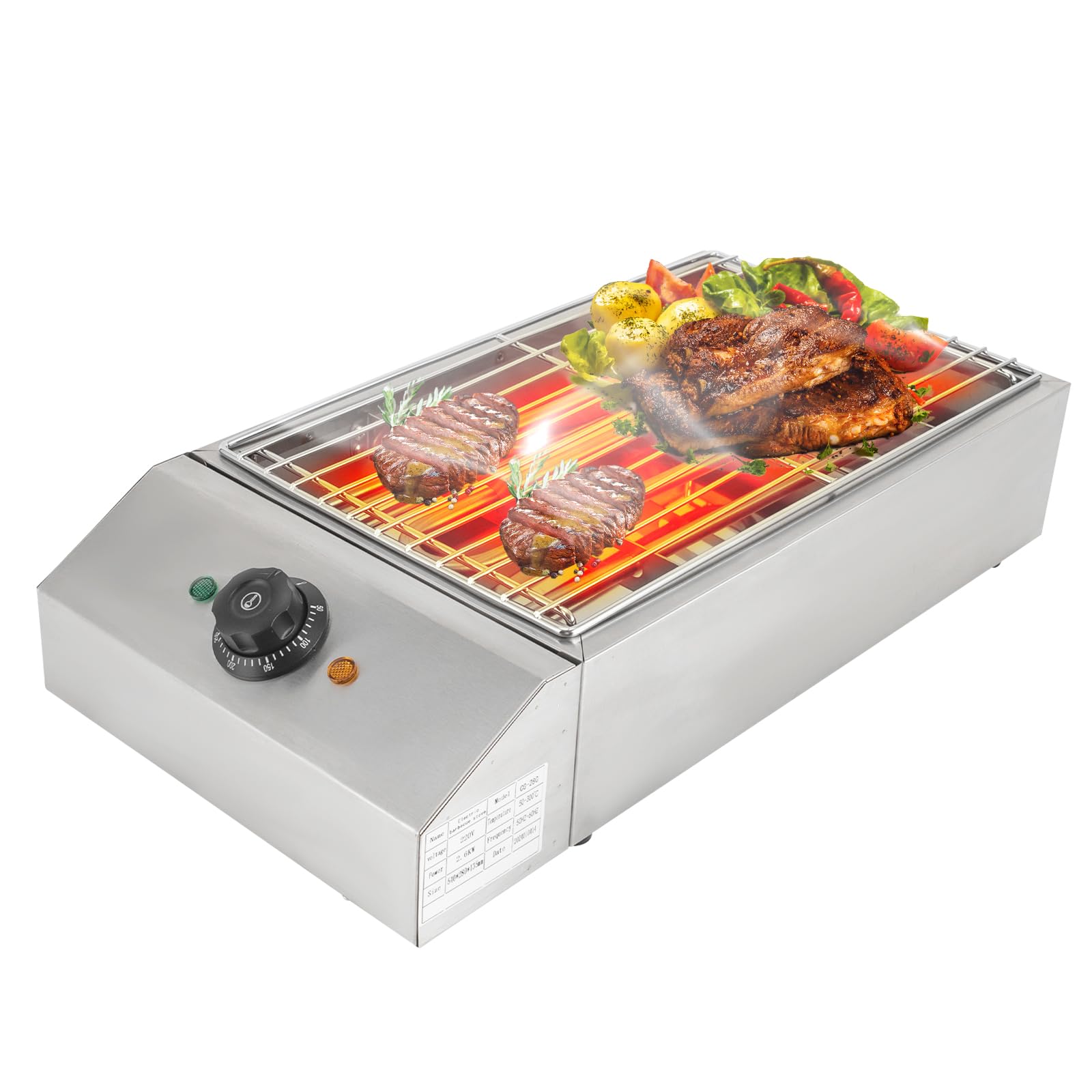 Barbecue elettrico da 220 V, 2,6 KW, 50 – 300 °C, temperatura regolabile, con griglia in acciaio inox rimovibile, per balcone, terrazza, interni, campeggio, 54 x 28 x 13,5 cm