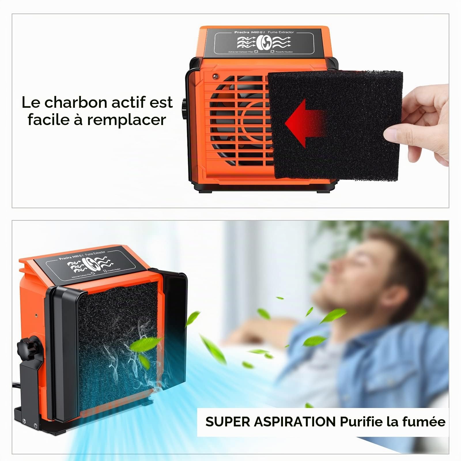Extracteur de Fumée, Preciva Fer a Souder Etain avec 8 Filtres à Charbon Actif, 2 Clips Auxiliaires et 2 Déflecteurs, Puissance d'aspiration Exceptionnelle, Angle Réglable (French Plug)