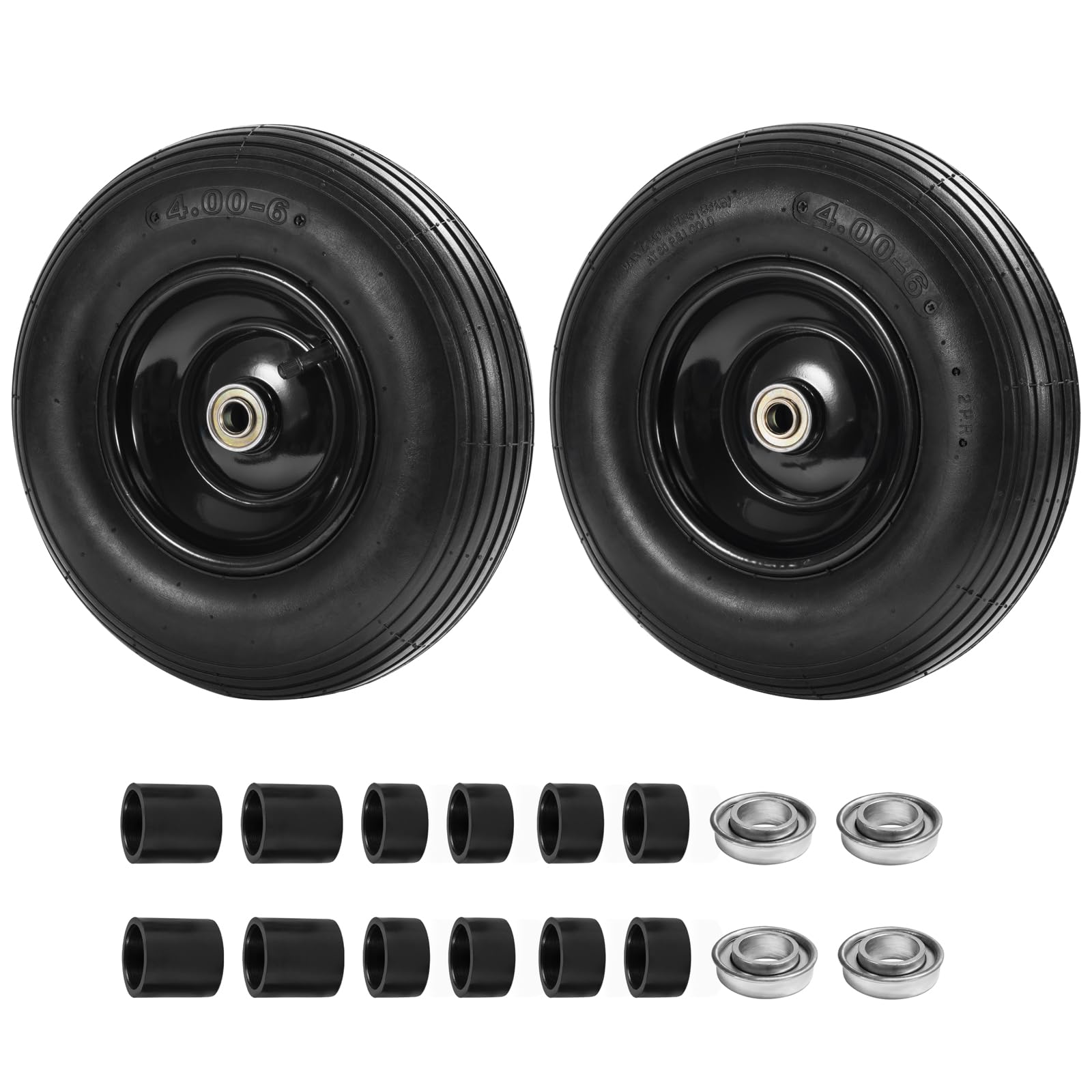 View 1 of (2 PCS) 4.00-6 Tire and Wheel, 13" Flat Free Wheelbarrow Tire with 5/8" or 3/4" Bearings 4.00-6 Solid Tires for Wheelbarrows, Trolleys, Garden Carts,Hand Trucks