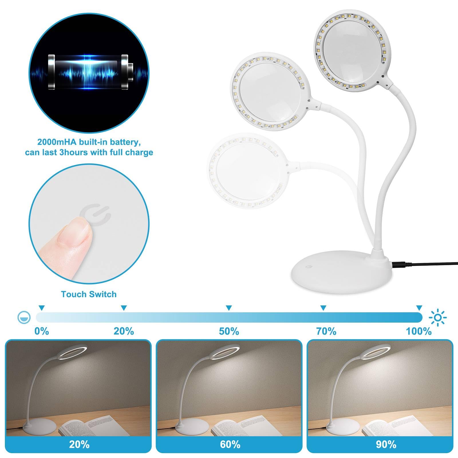 5X Lampada con Luce Lente di Ingrandimento, Lente d'ingrandimento con Luce Ricaricabile, Lente Ingrandimento Tavolo con 3 Modalità Dimmerabile Lampada da Ricamo con Lente (Bianco)