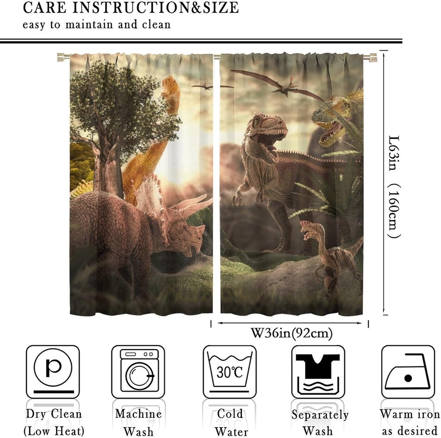 Brebasf Watercolor Tropical Dinosaur Theme Blackout Curtains Rustic Jurassic Forest Wildlife Pterodactyl Triceratops Dino Window Thermal Insulated Darkening Rod Pocket Curtains 2 Panels 63" L x 36" W