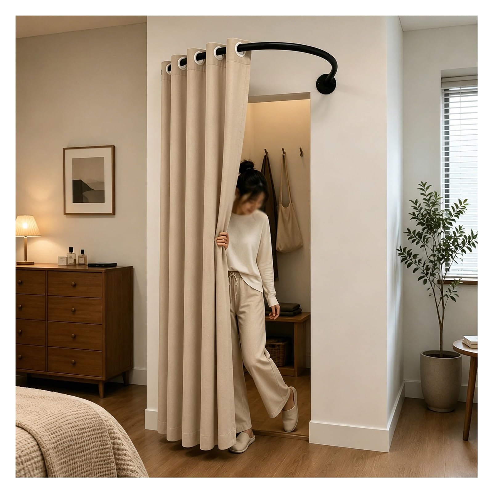 ZJKXJH U Shaped Privacy Changing Curtain, Clothing Store Fitting Room Drapes, Space Saving Partition Curtain for Privacy Protection and Room Divider(Black Rod+A Curtain,130cm)