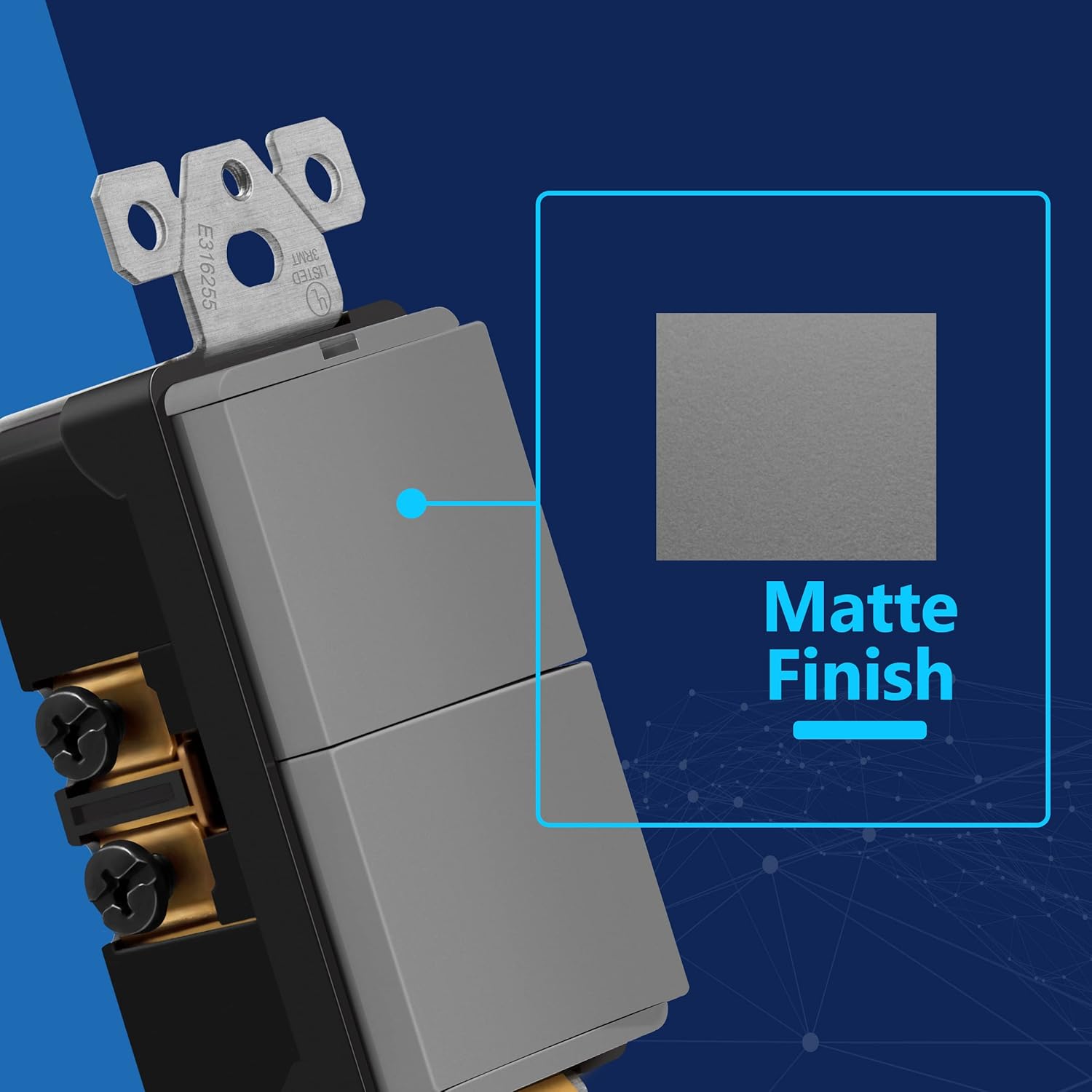 LIDER Matte Finish Lighted Double Switch with Screwless Wall Plate, Combination Frameless Decorator Switch with Locator Light, Ground Terminal Single Pole, 15A 120V, UL Listed, Gray, 2 Pack