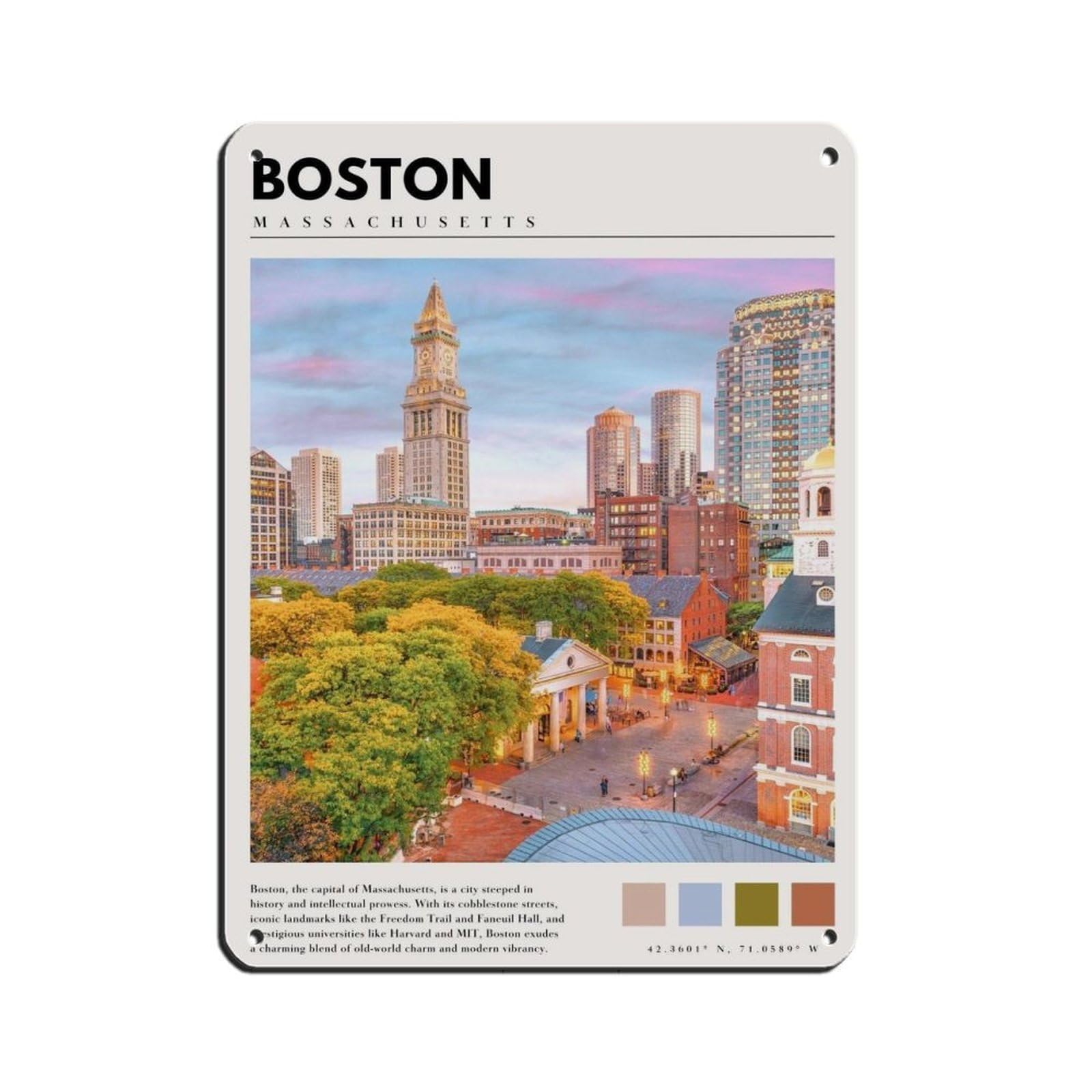 Boston Travel Poster Boston Massachusetts Art Tin Sign Vintage Metal Pub Club Cafe Bar Home Wall Art Decoration Poster Retro 12x16inch(30x40cm)