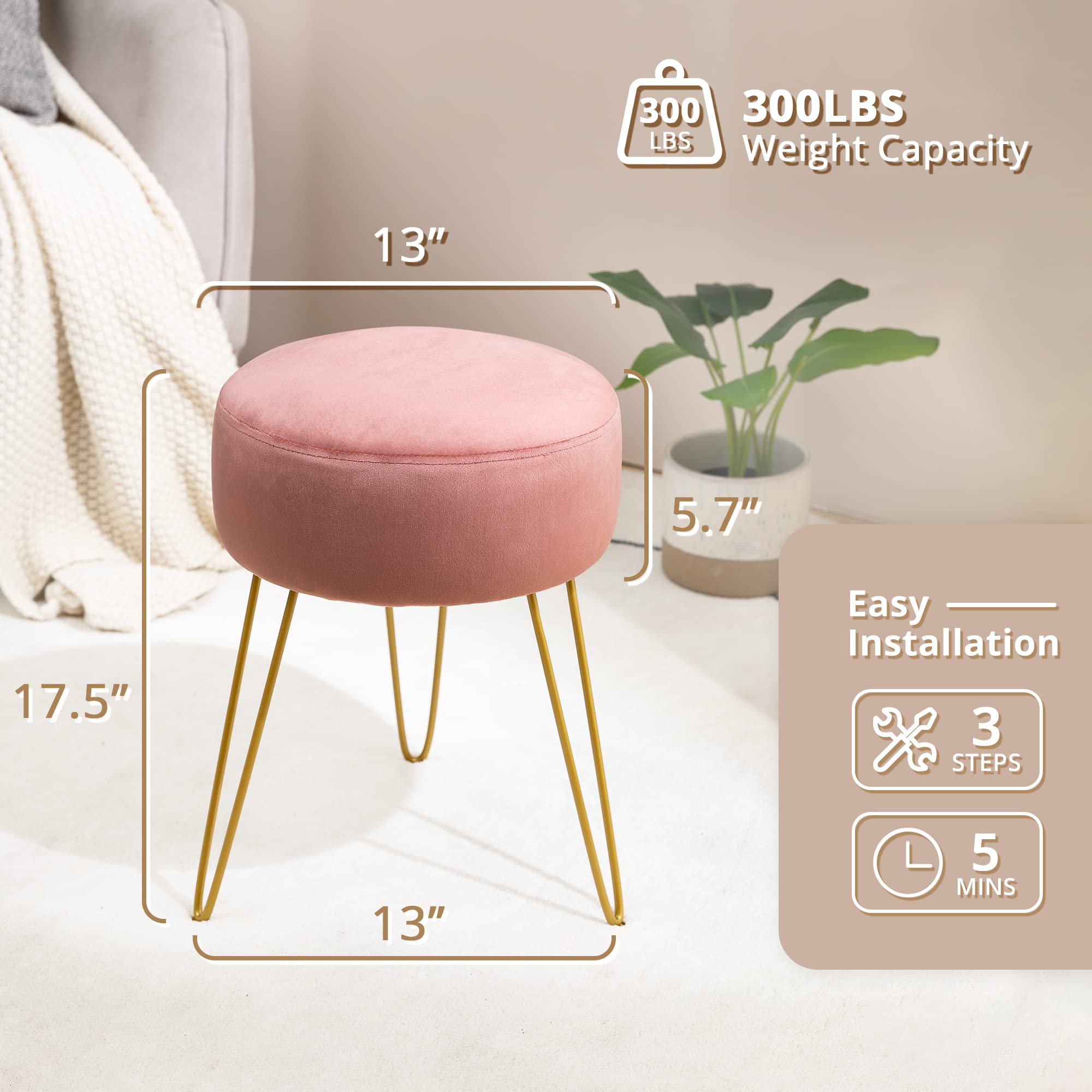 Amazon.com: LUE BONA Vanity Stool, Pink Vanity Stools for Makeup Room,  Round Ottoman Foot Stool, Velvet Footrest Vanity Chair for Bathroom Vanity,  Bedroom, Living Room, Entryway, Offices, 300lbs : Home & Kitchen