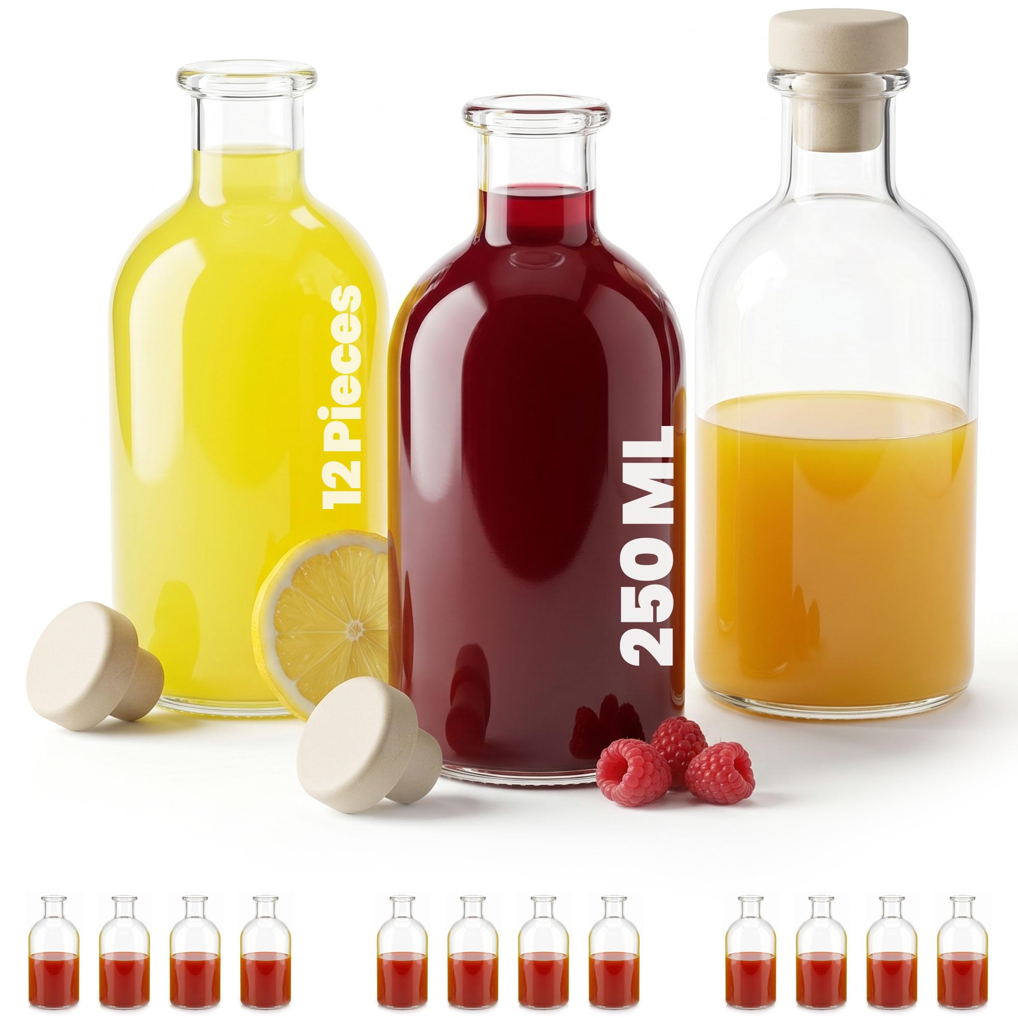 casavetro 250ml Glass Bottles with Cork Lids 12 Pcs Reusable Airtight Glass Bottle for Home Made Sloe Gin Liqueur Schnapps Wine Cider Soda Vodka Vinegar Oil Bottles - New-Bost (12 x 250 ml)