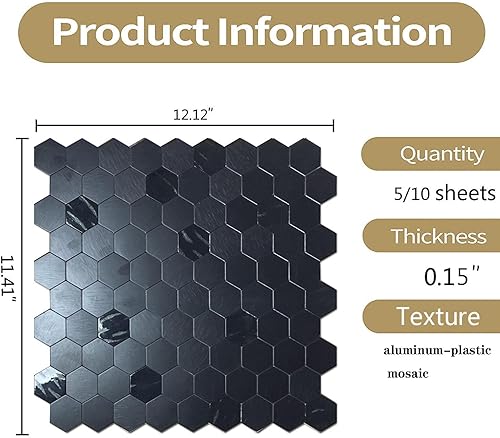 Miniatura 2 de XUANINY 10 azulejos de metal para despegar y pegar, adhesivo de mosaico de aluminio para decoración de pared de cocina, diseño hexagonal esmerilado