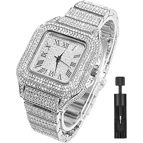 Apzzic Diamond Iced Out Watch CZ Gold Plated 40mm Width Roman Numerals Dial Quartz Wristband Watch for Men Women