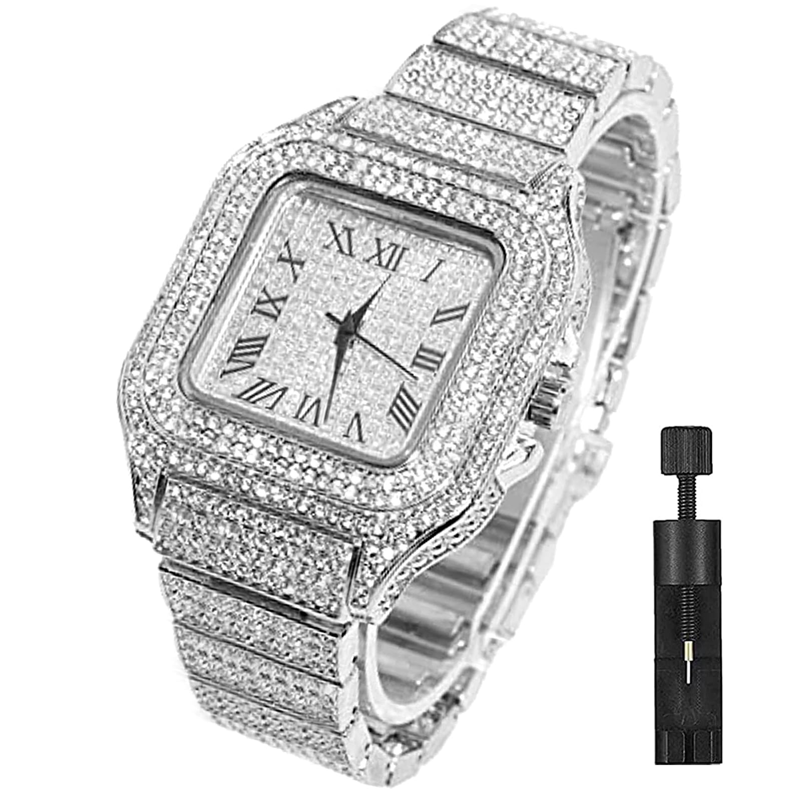 Apzzic Diamond Iced Out Watch CZ Gold Plated 40mm Width Roman Numerals Dial Quartz Wristband Watch for Men Women