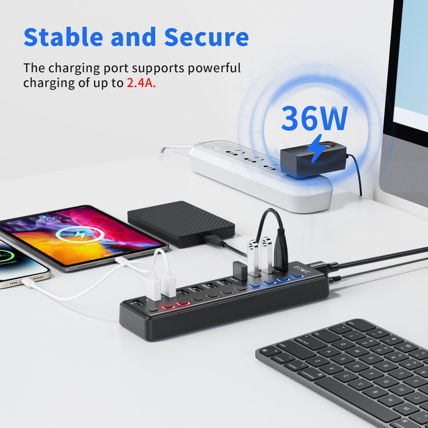 JESWO - Concentrador USB 3.0 de 11 puertos (7 puertos de transferencia de datos + 4 puertos de carga inteligentes) con interruptores LED individuales de encendido/apagado, concentrador USB alimentado