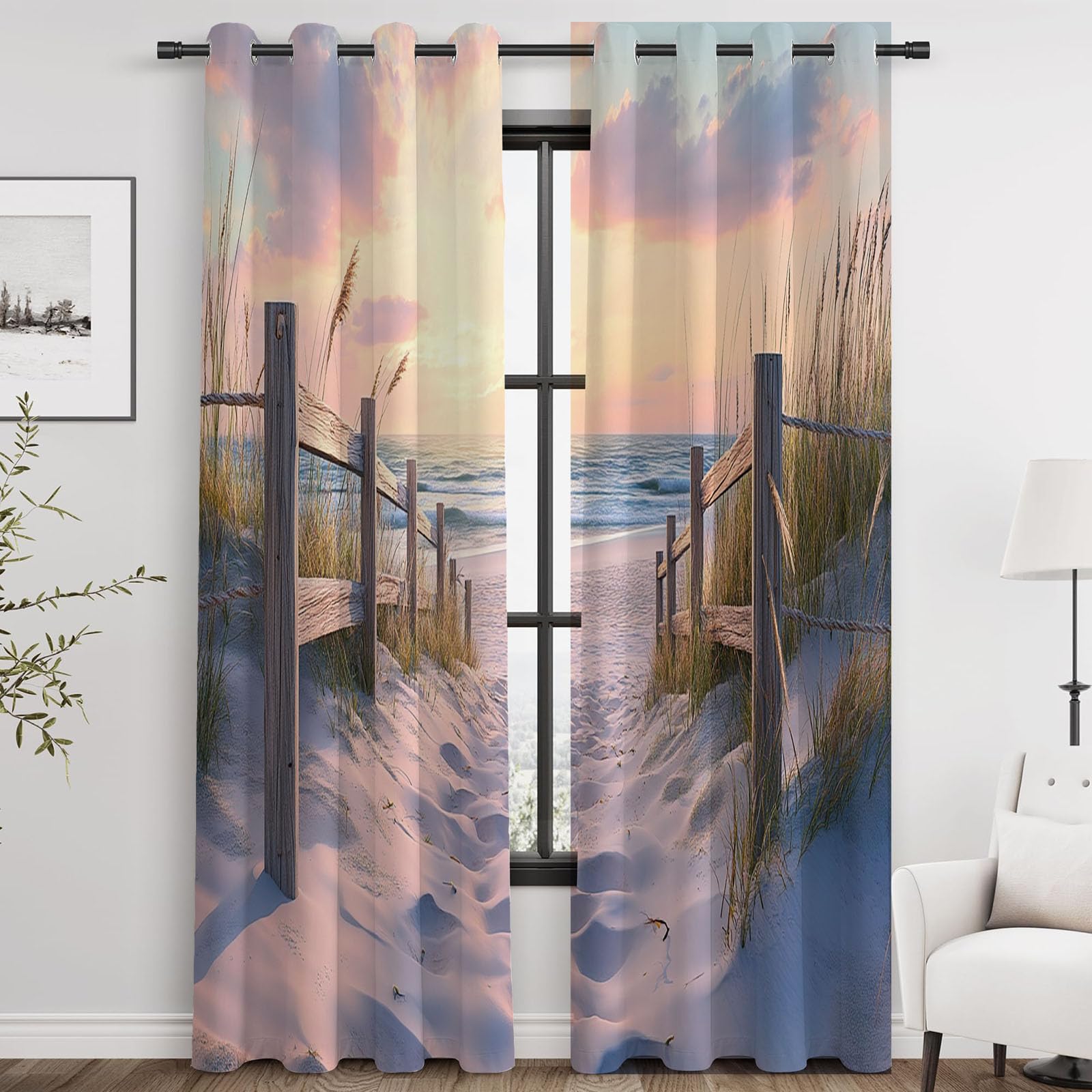 Cortinas Habitacion Estampadas Flores Grises Paisaje Natural de Playa Visillos Cortos para Ventanas Salón Moderno Dormitorio Juvenil-300Al x 140An cm (2 Paneles)