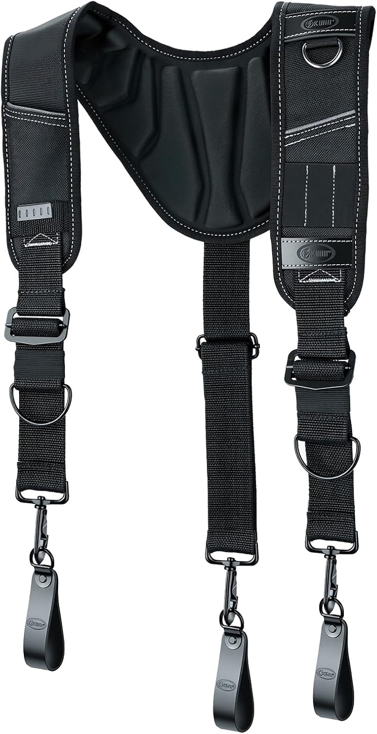 KUNN Tool Belt Suspenders with Leather Reinforced, Heavy-Duty Padded Adjustable Construction Bag Suspenders with Air Channel for Men Carpenter Electrician Work
