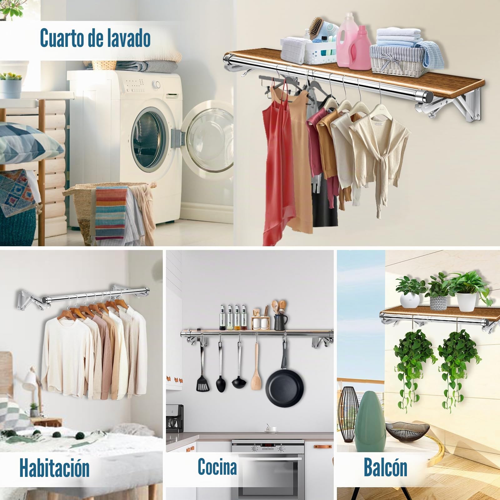 TBMLC Perchero plegable montado en la pared, barra de 76 cm de largo y 2 bases gruesas, acero inoxidable, multiusos para ahorrar espacio, tendedero de ropa, perchero desmontable y superior reservado