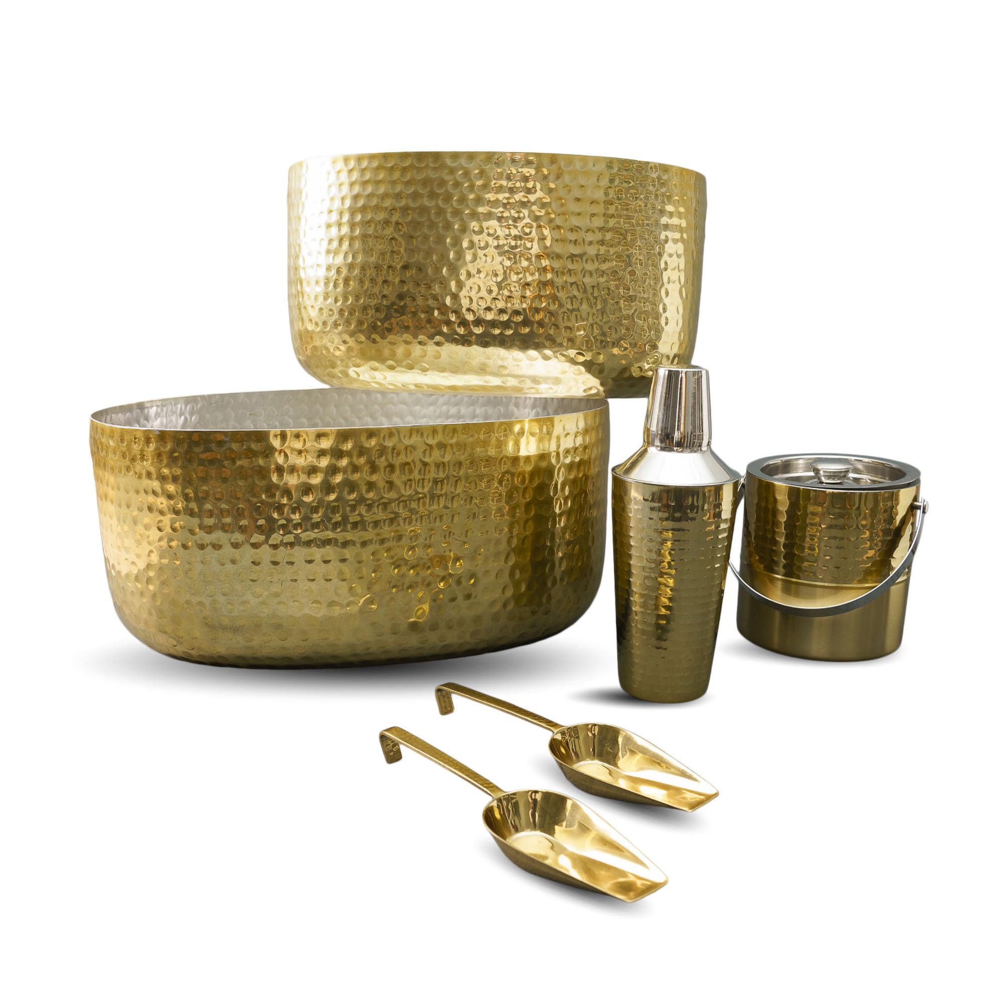 India Handicrafts 71546 Cocktail Drink Shaker, Ice Bucket & 2 Scoops, 2 Tubs 16 & 18.25 Inches Each, Hammered Gold Metal Beverage Party Serveware Barware 6 Piece Set, Home Kitchen Décor