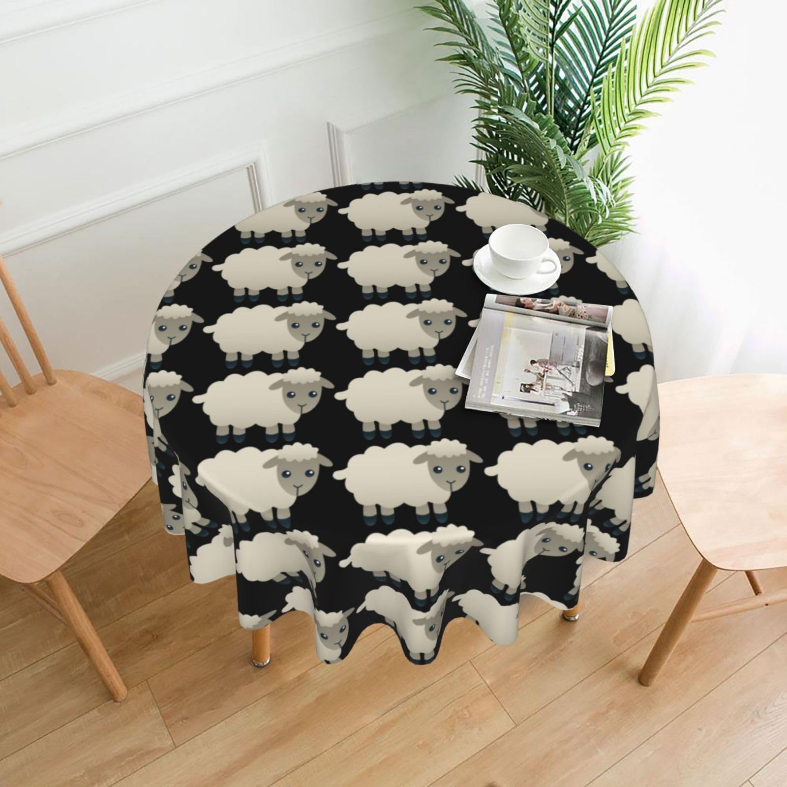 Uusnwaa Sheep Print Round Tablecloth 60 Inch, Stain Wrinkle Resistant Washable Polyester Table Cover For Kitchen Party