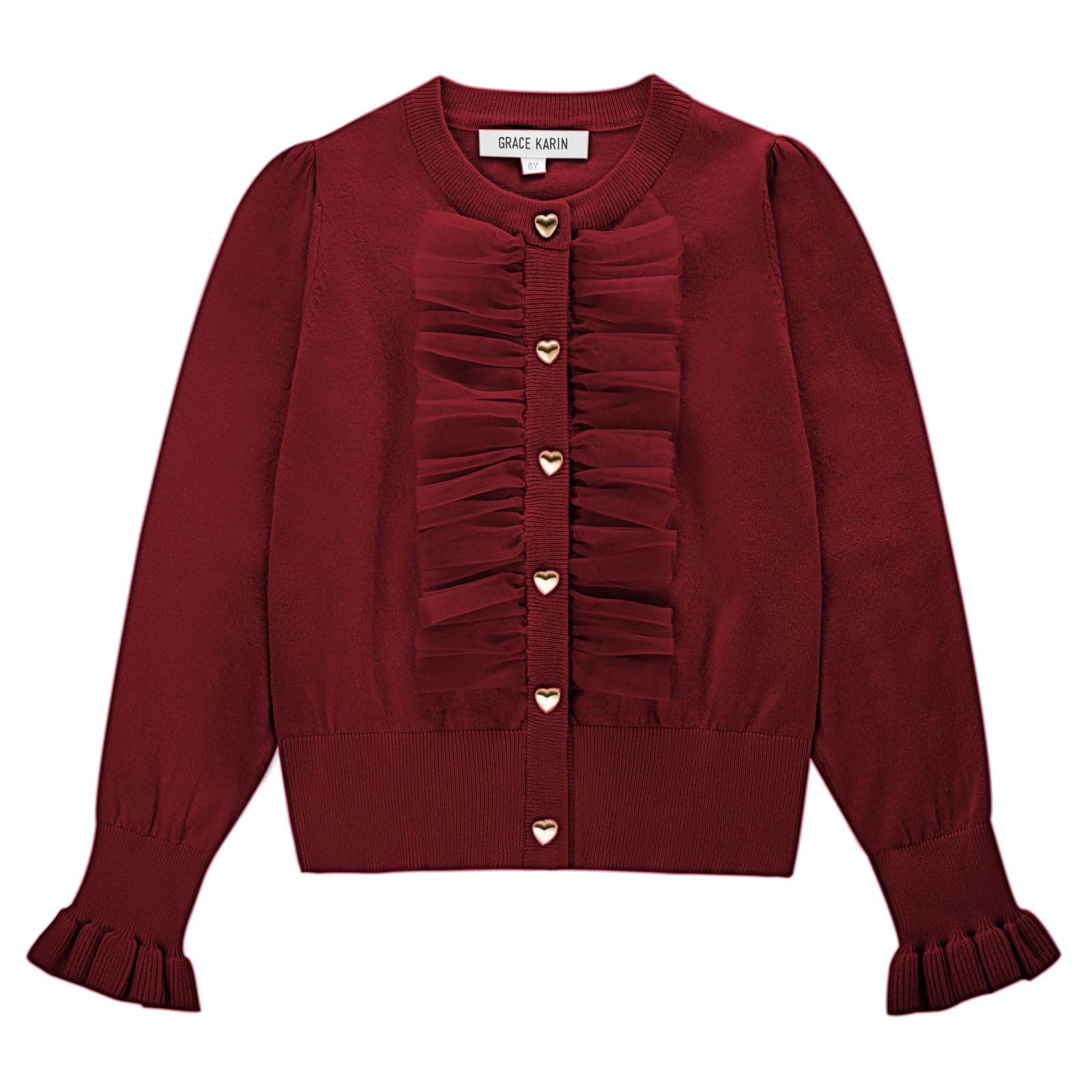 GRACE KARIN Cárdigan de punto para niñas Casual Manga Larga Cuello Redondo Cárdigan de Punto con Botón Delantero Elegante Tul Malla Volantes Cárdigan Decorado