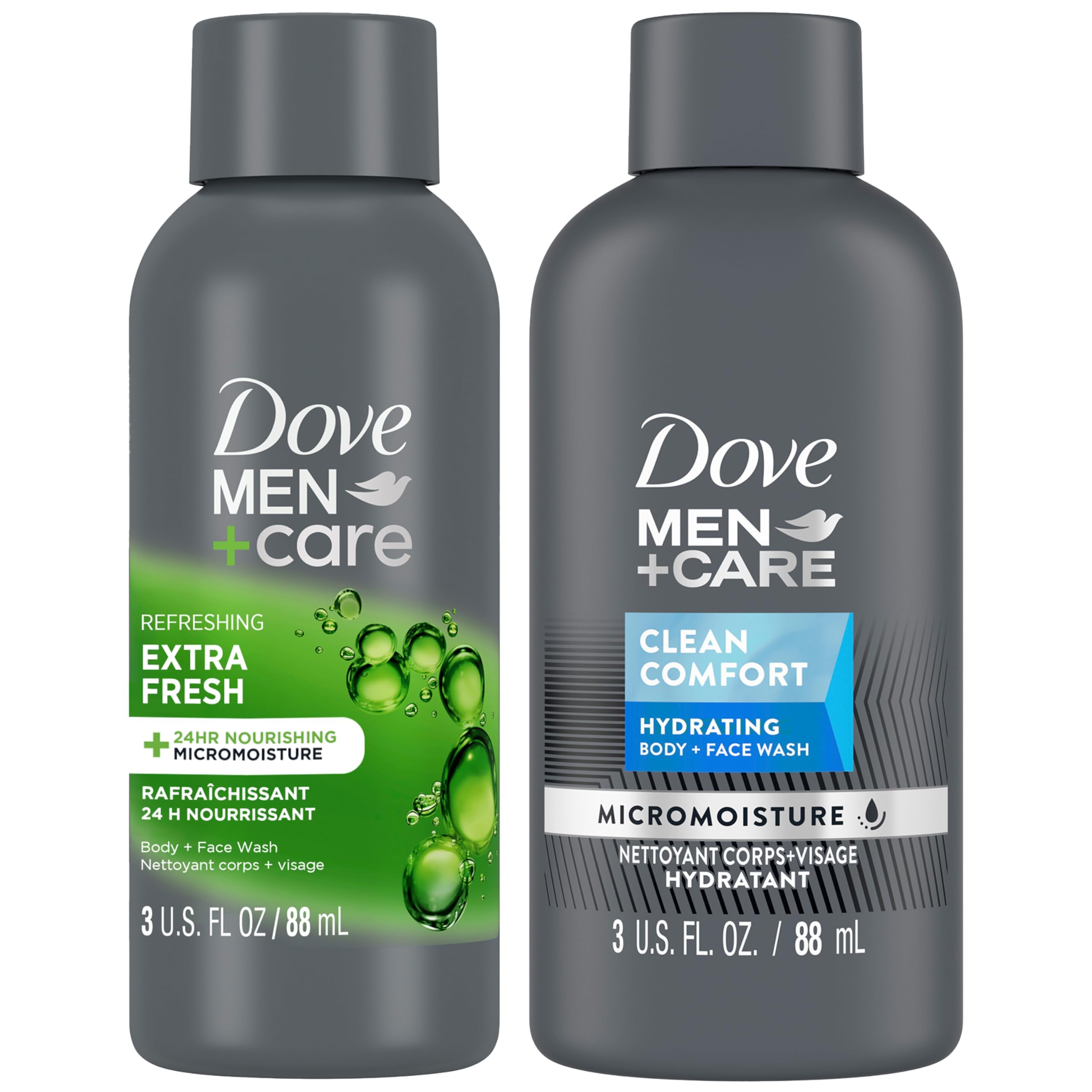Dove Men+Care Body & Face Wash Variety 2-Pack – Extra Fresh + Clean Comfort, Travel Essentials, 3 Oz Ea