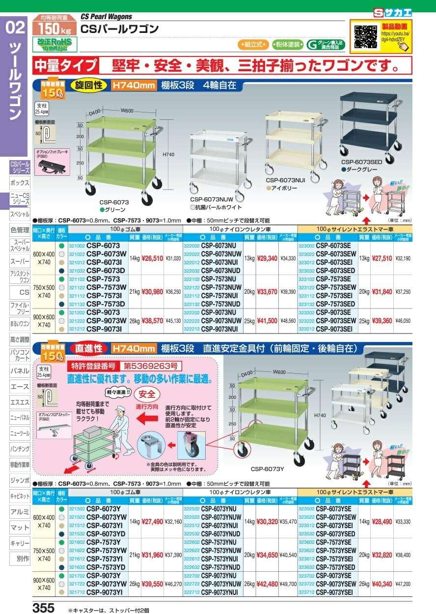サカエ CSパールワゴン(中量タイプ・直進安定金具付) CSP-75123YD (321636)