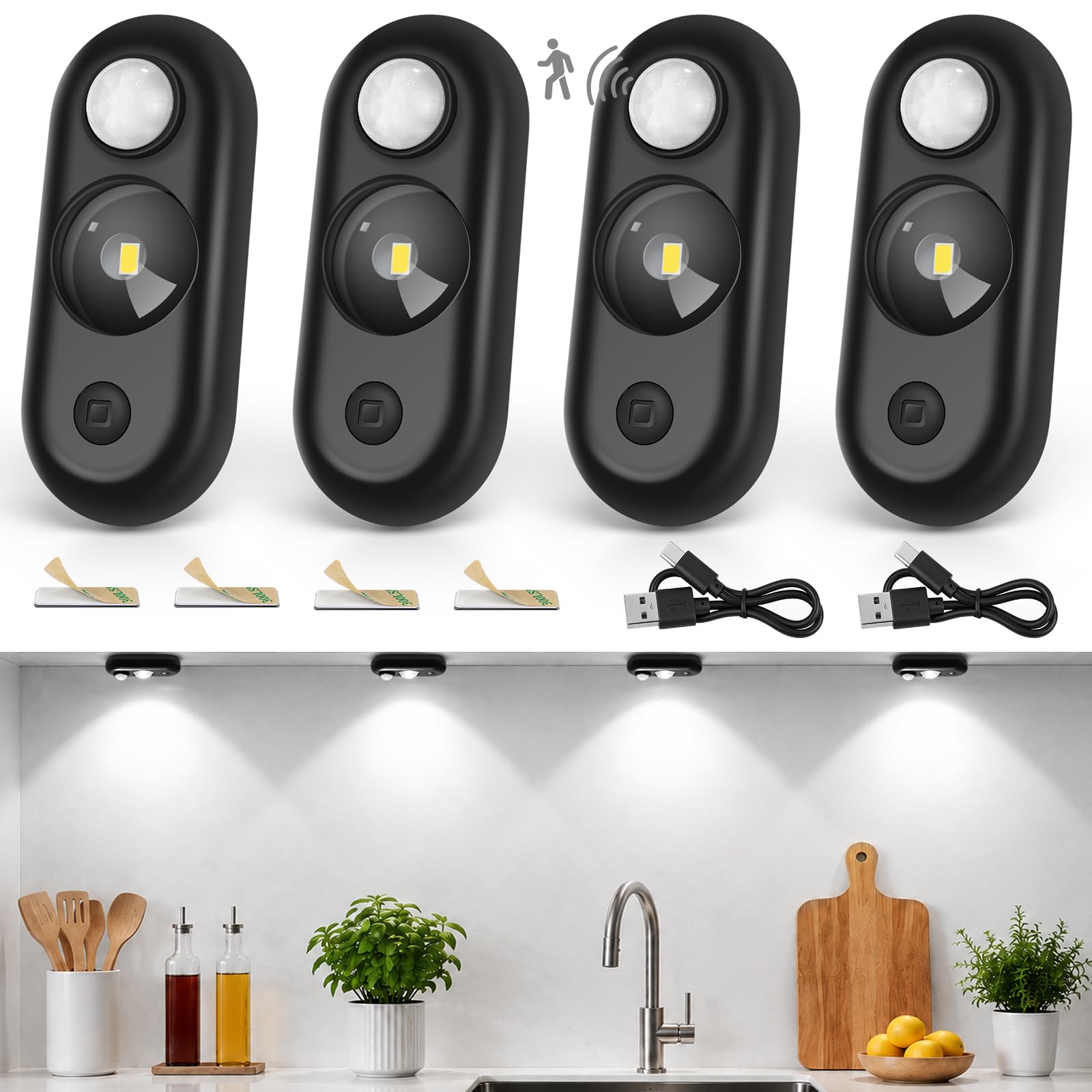 LED Motion Sensor Puck Lights 6 Pack, Rechargeable Wireless Cabinet Lights, Dimmable Magnetic Stick-On LED Night Lights, Black Under Cabinet Lighting for Closet, Stairs, Drawer, Shelf, Daylight White
