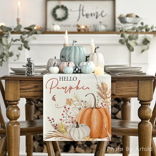 Miniatura 9 de Artoid Mode Aqua Hello - Camino de mesa de otoño con hojas de calabaza, decoración de mesa de comedor de cocina de otoño de temporada para
