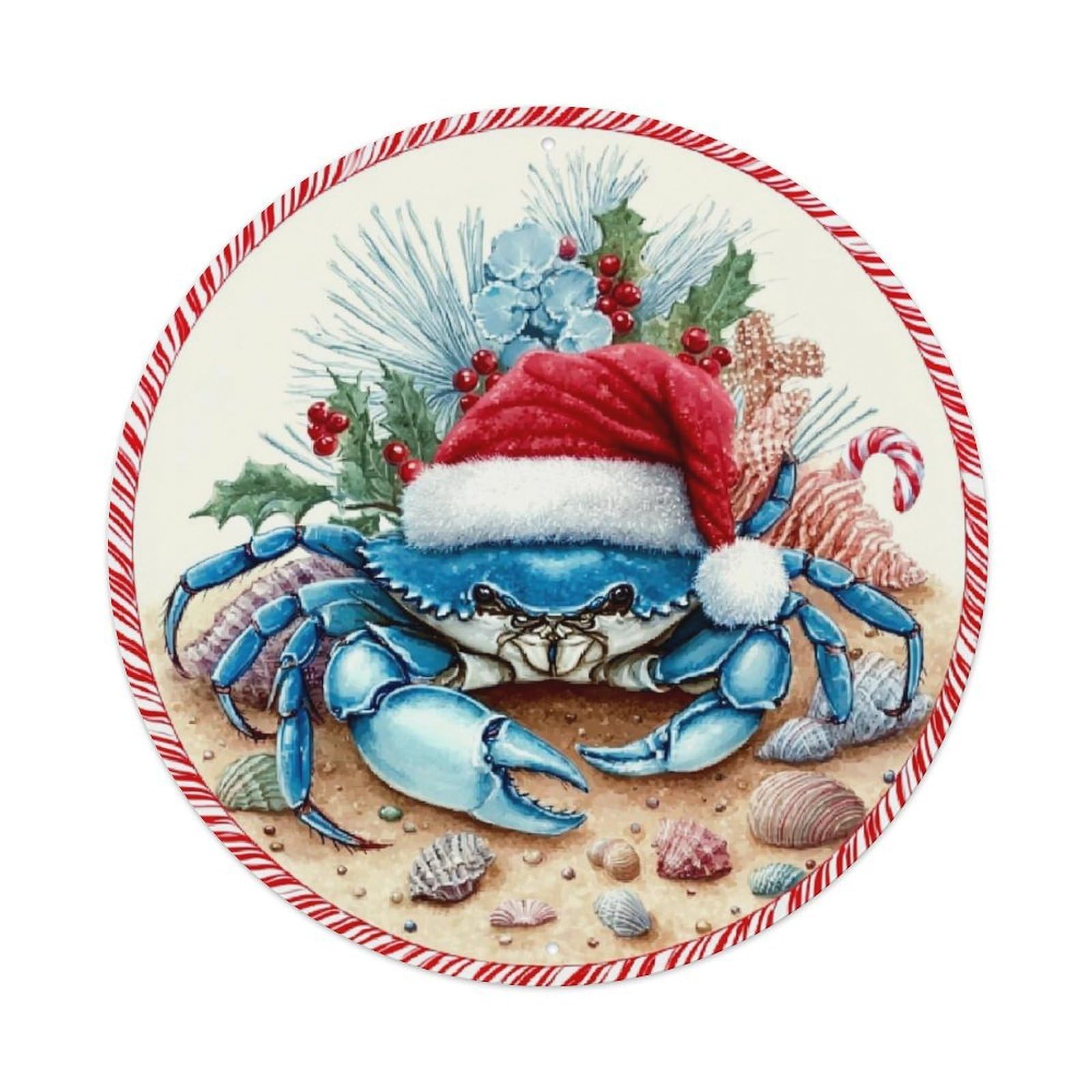 Christmas Crab Holiday Beach Scene Retro Metal Sign Round Tin Sign, Vintage Decor Art Poster for Bar, Home, Man Cave, Kitchen, Laundry Room Gift 8x8Inch