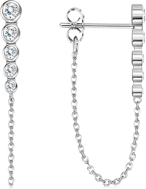 Adramata 925 Sterling Silver Bar Earrings with Chain Paved Cubic Zirconia 18K Gold Plated Hypoallergenic Dangle Chain Earrings for Women