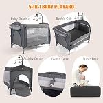 5 en 1 Lit bébé,Crèche-bébé,Cris de lit avec matelas,Joueur pliable pour bébé,Javier de voyage portable pour bébé bébé nouveau-né (Grey)