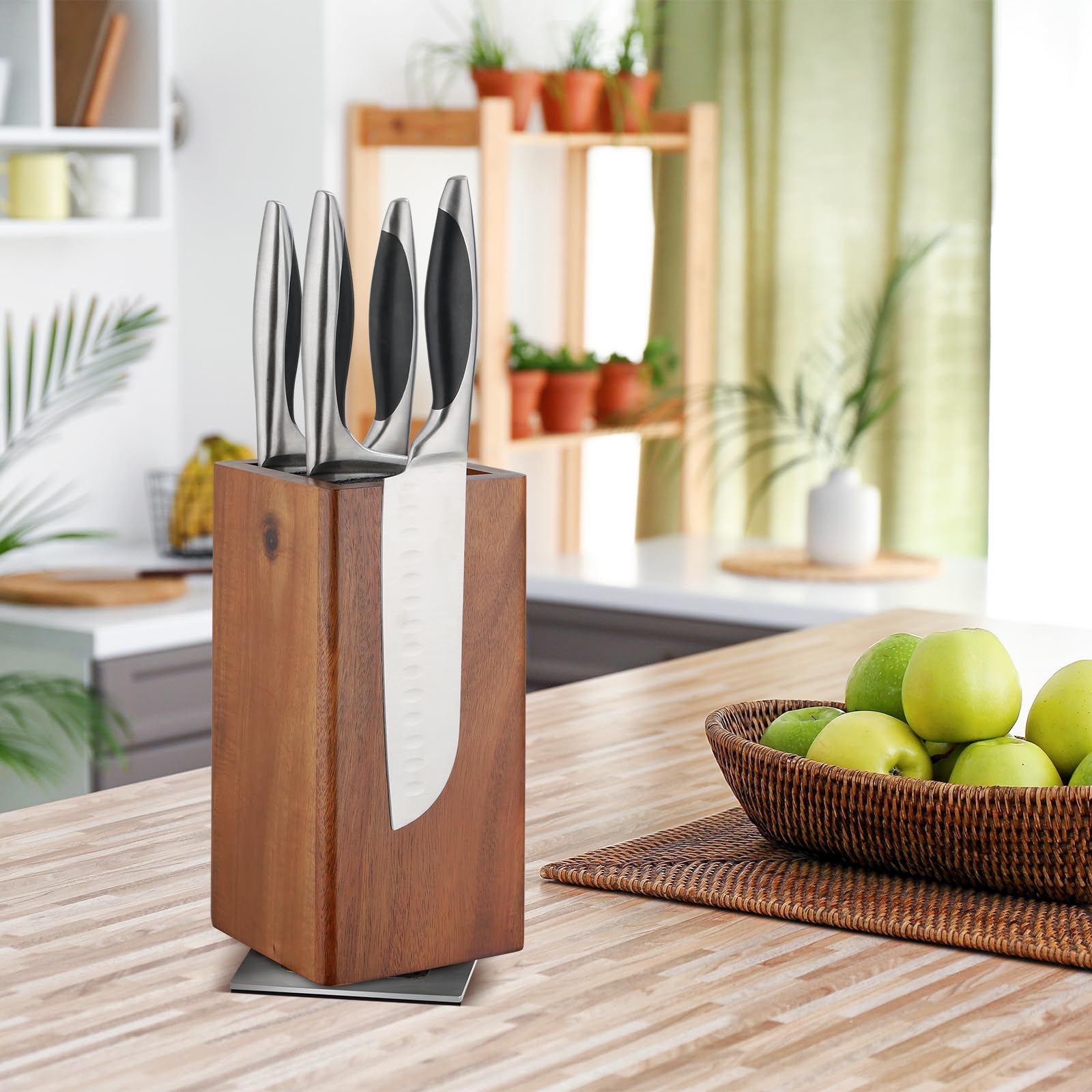 Ceppo Magnetico Per Coltelli Oleio - Legno Di Acacia E Acciaio, Capacità 6 Coltelli, 23x27.5x10.5 Cm