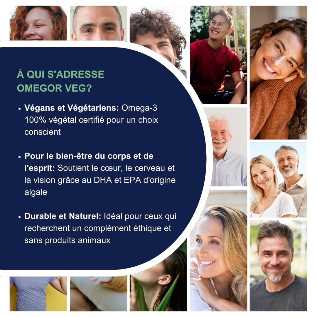 Omegor Veg - Huile de plantes dérivées d’Huile d’ Algues Durables | Le seul certificat IFOS | 250 mg de DHA et 125 mg d'EPA pour la capsule | 60 gélules, approvisionnement en 2 mois | 100% végétalien