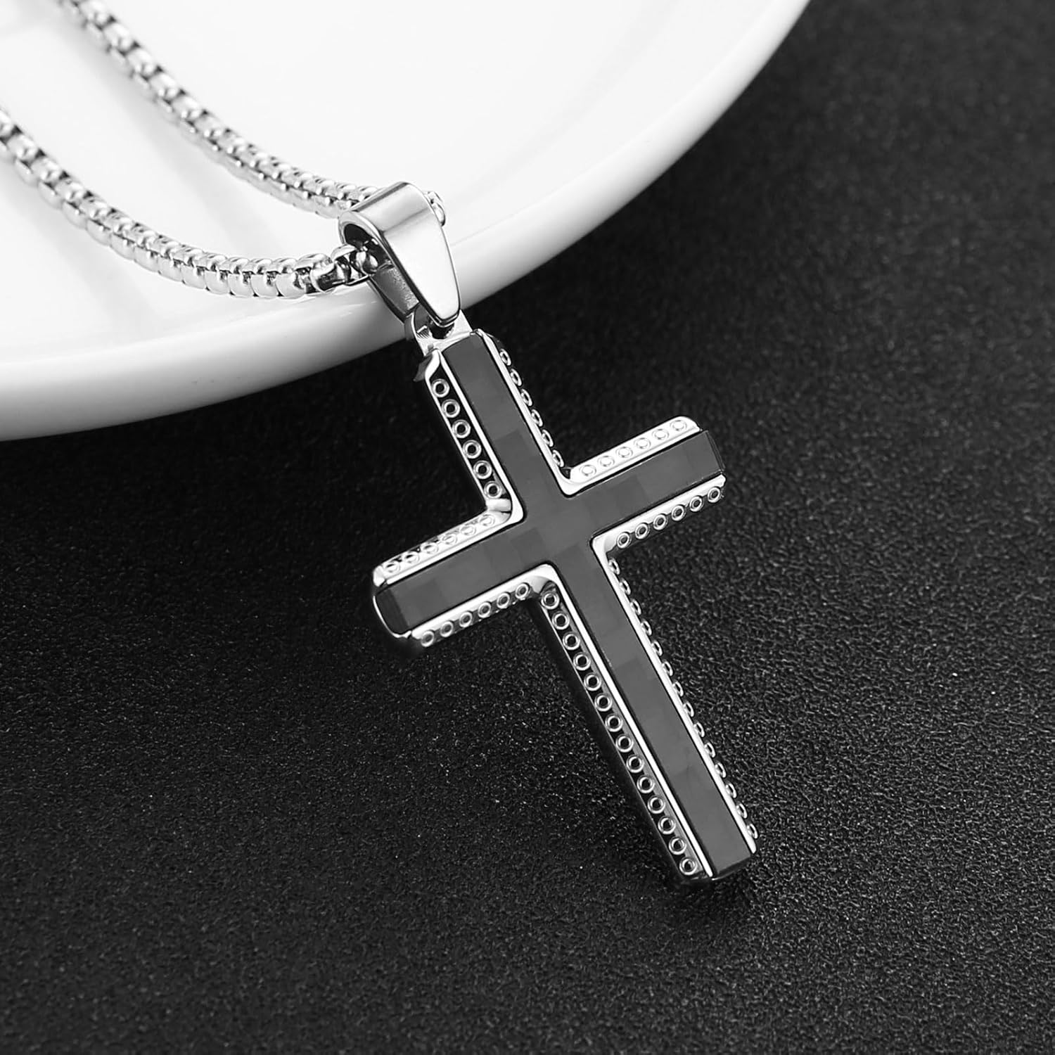 HZMAN Carbon Fiber Cross Necklace for Men Stainless Steel Christian Crucifix Pendant Includes Necklace 22+2" Box Chain - Image 4