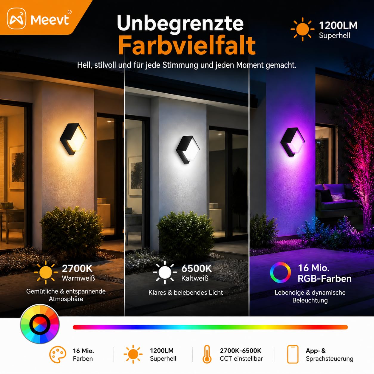 Meevt Aussenlampe Wand Square, RGBCW LED Wandleuchte, Wandlampe 2 Stück | 1200LM, IP65 Wasserdicht, Kompatibel mit Alexa/Google Assistant, Bedienbar per App und Fernbedienung, für Drinnen/Draußen