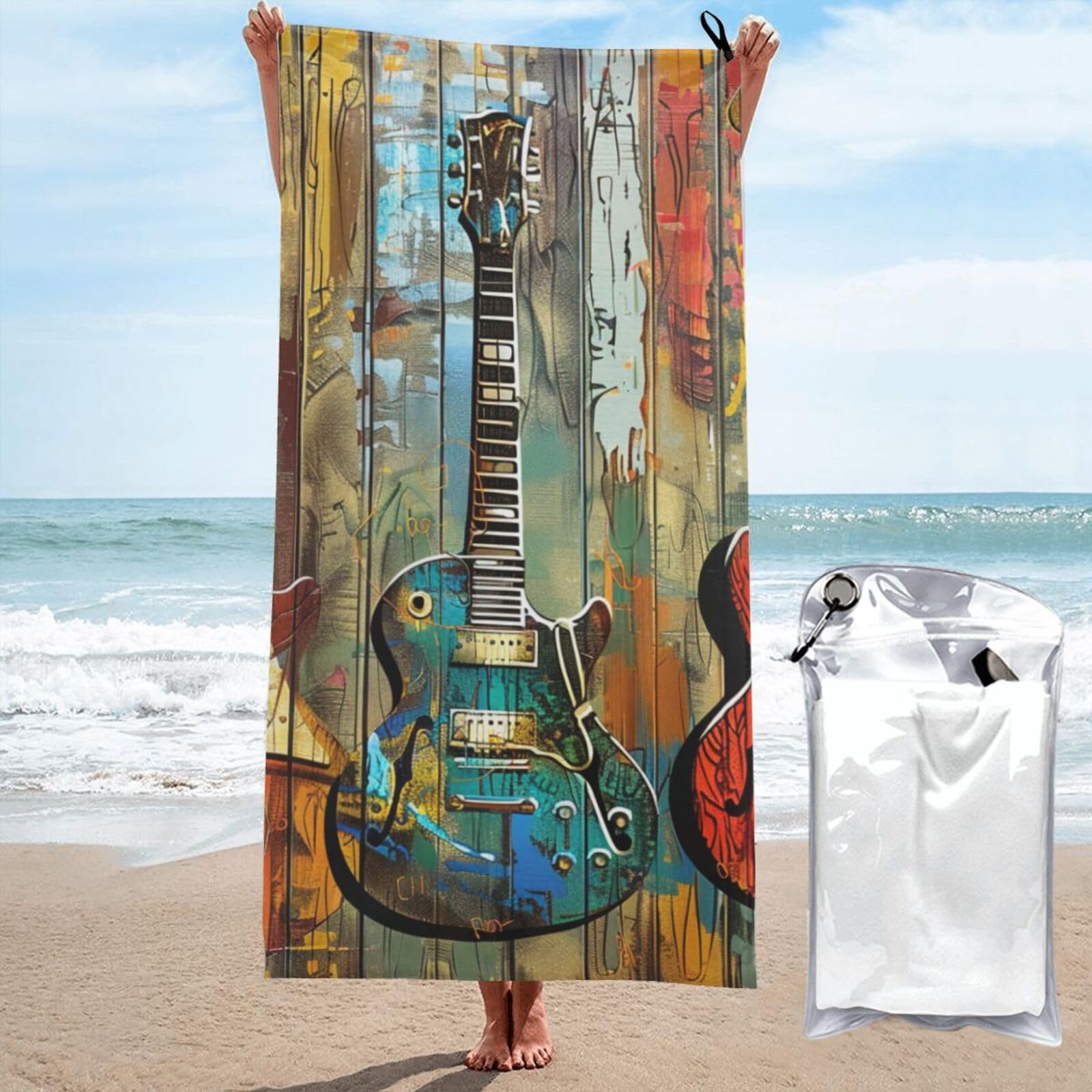 kkvhhyuo Microfiber Beach Towel, guitars art Printed Lightweight Quick Dry Travel Bath Sheet with Compact Carry Bag for Swimming Yoga Camping Gym,27.5"x55"