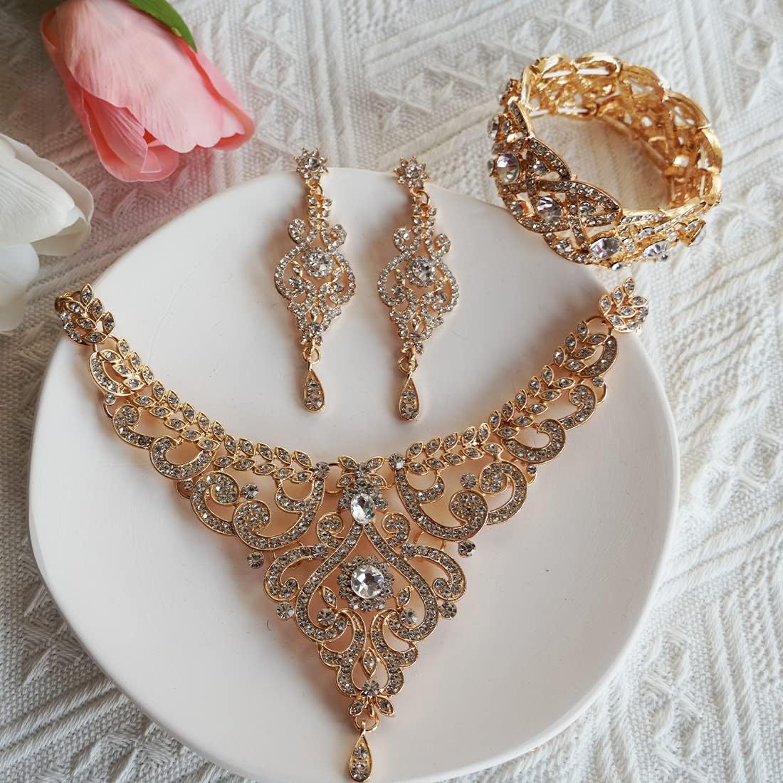 Hapibuy Crystal Wedding Jewelry Set Necklace Earring Set For Women and Brides Rose Gold and Silver Bridal Statement Jewelry sets