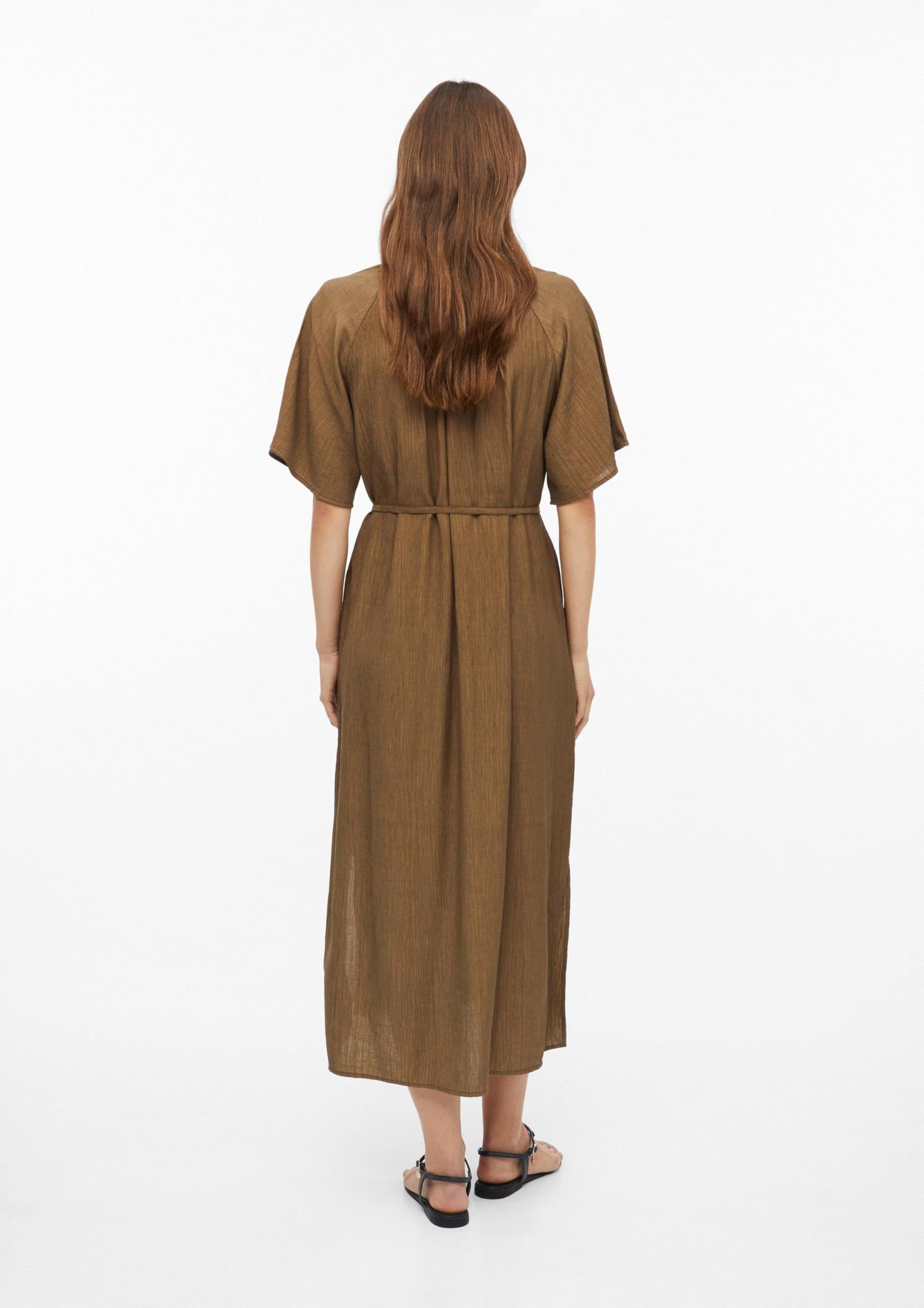 s.Oliver Damen Midi-Kleid – Relaxed Fit, strukturiert, Raffung, Bindegürtel, V-Ausschnitt